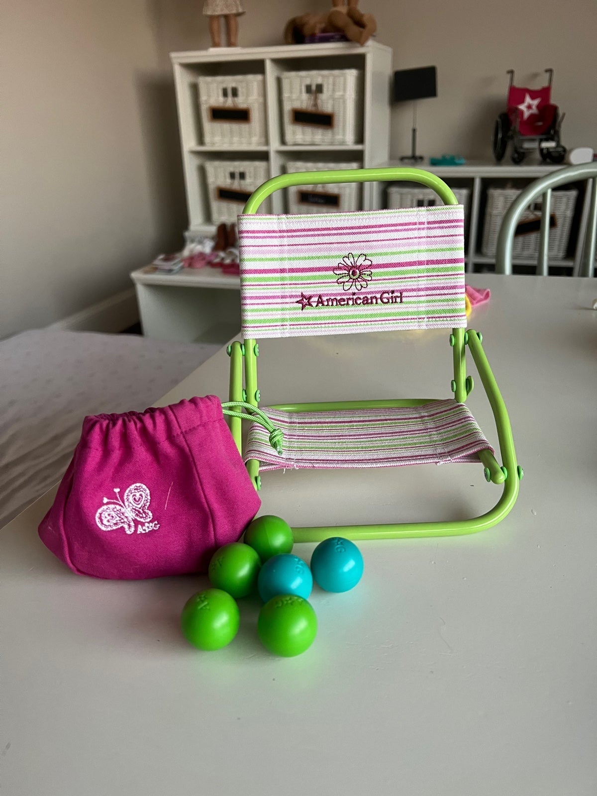 American Girl Bocce Set FOLDING CHAIR Metal Cloth Beach Pool & Swim Outfits!