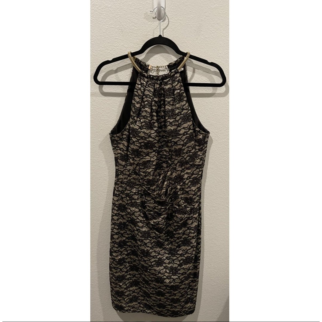 ELIZA J Black Gold Lace Halter Midi Dress