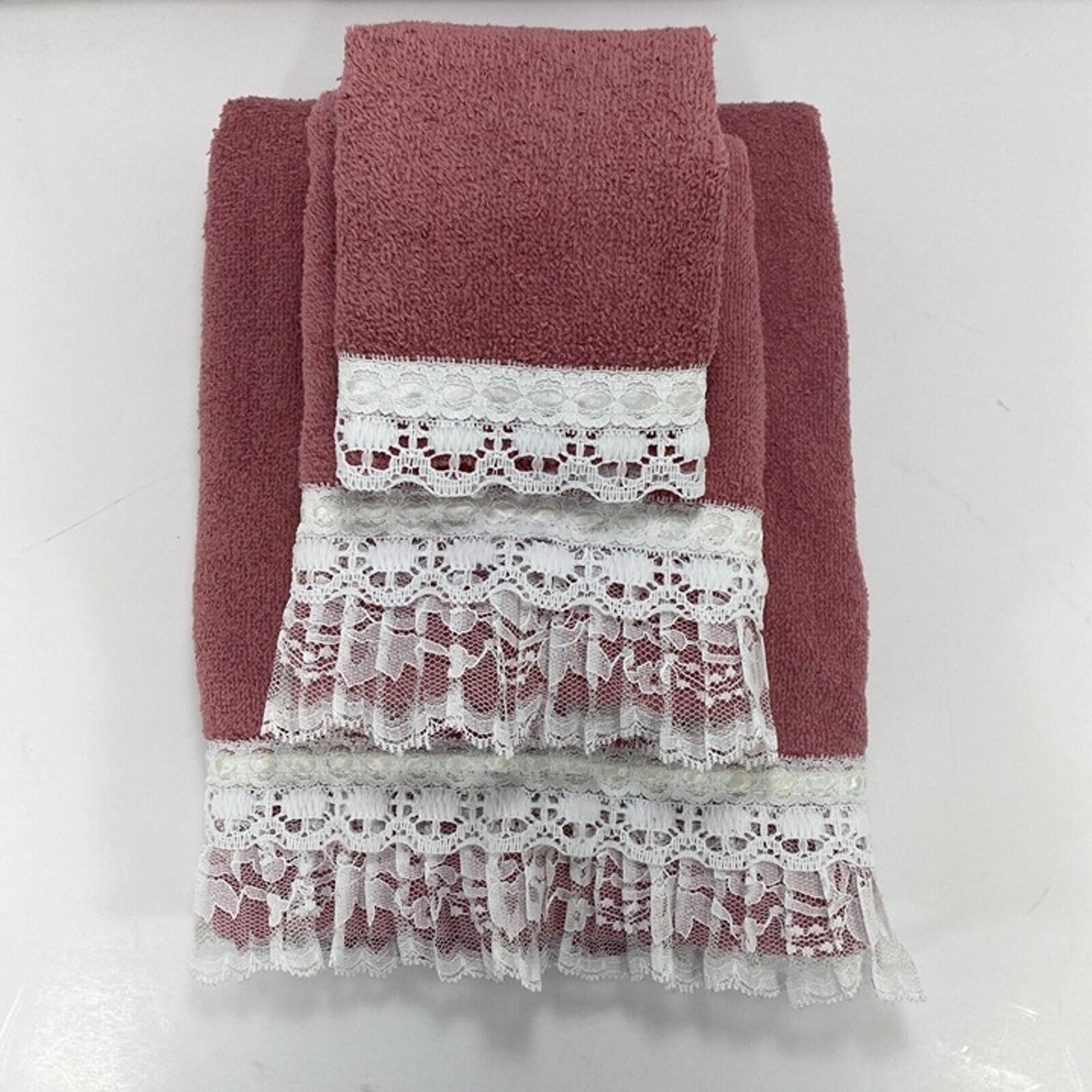 VTG Cannon Towel 3 PCS Set Pink With White Lace Trim Made In USA 100% Cotton
