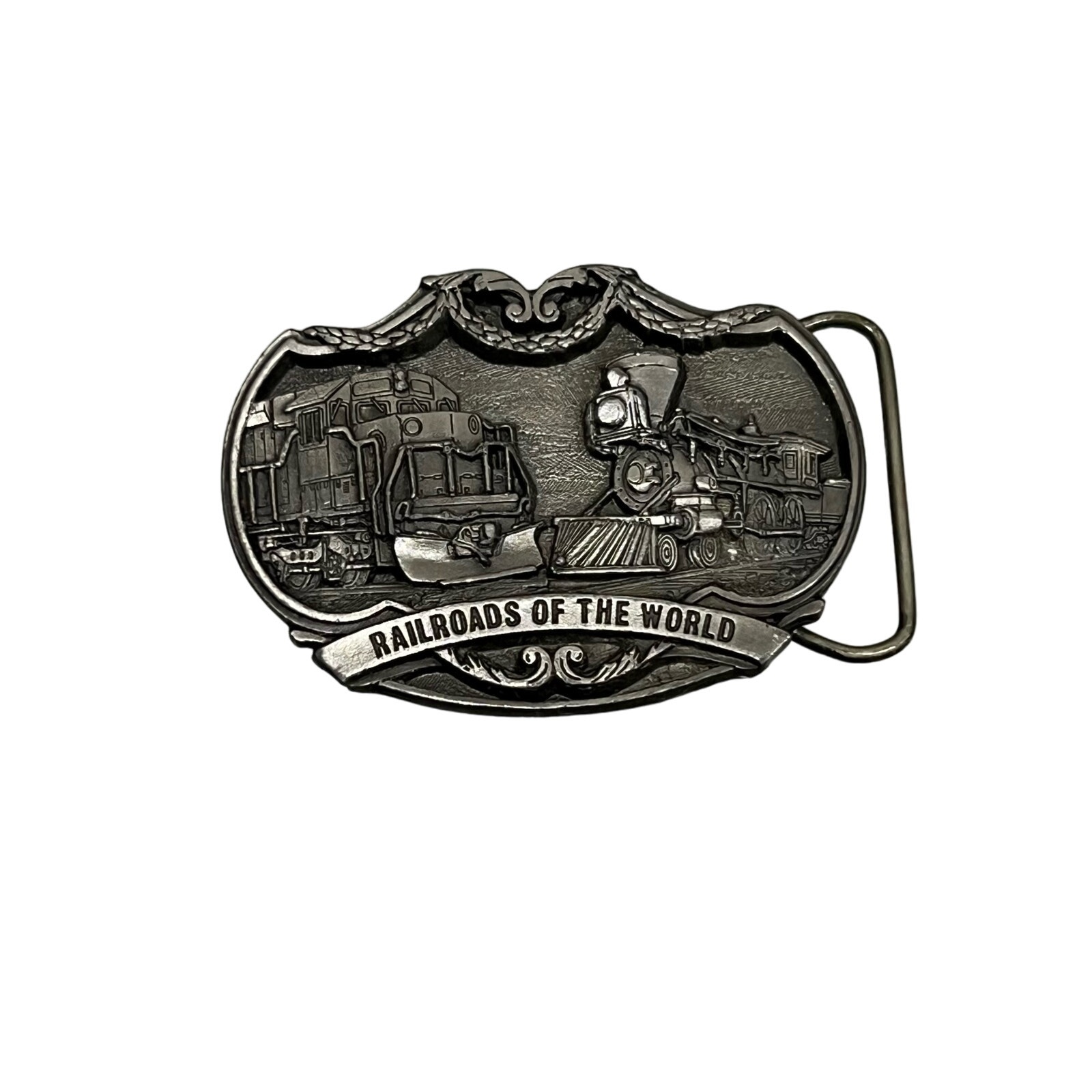 RAILROADS vintage belt buckle Train of the world Made in USA