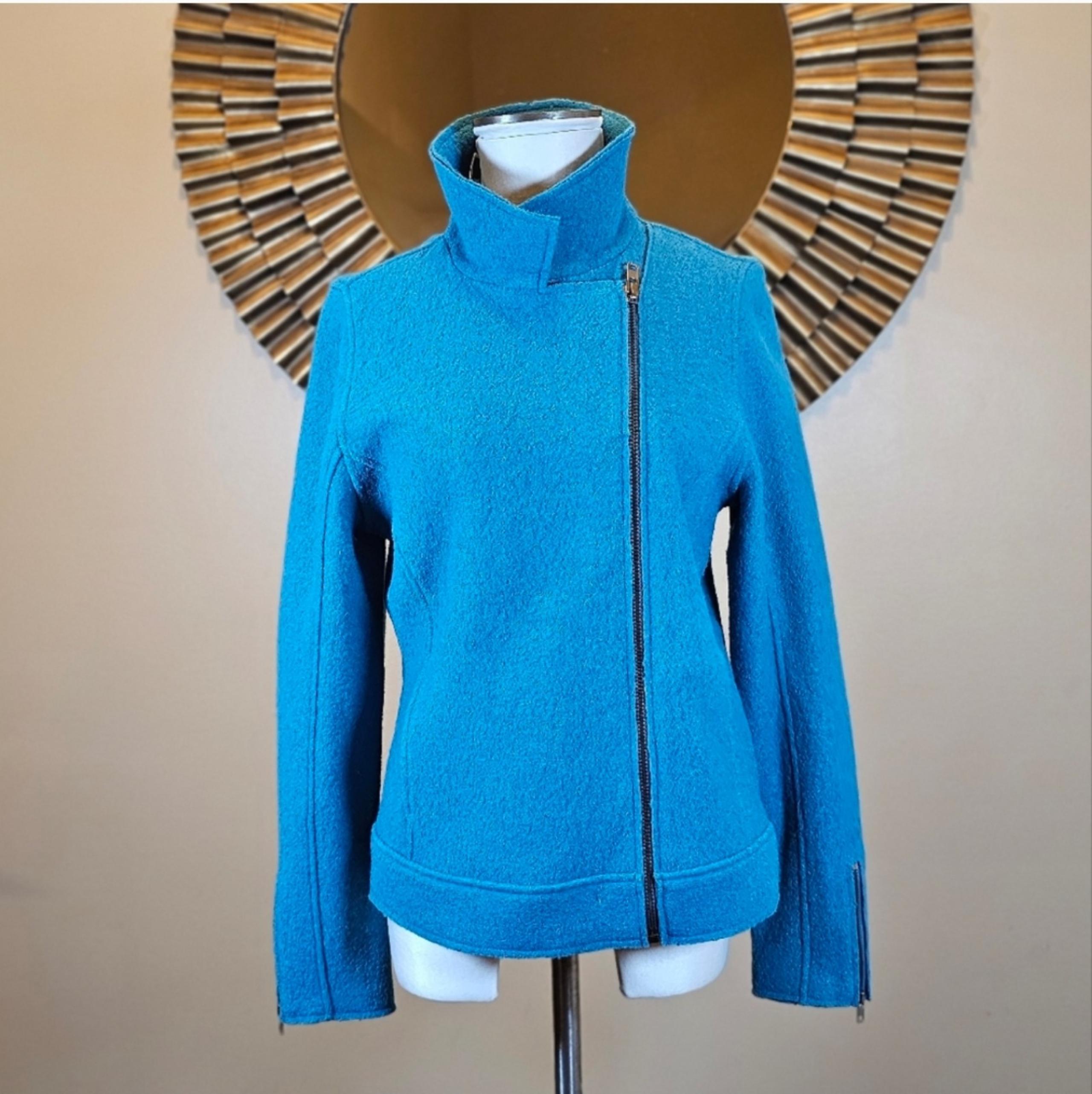 Tahari Moto Jacket Womens Turquoise Blue Textured Wool Viscose Zip Size Large