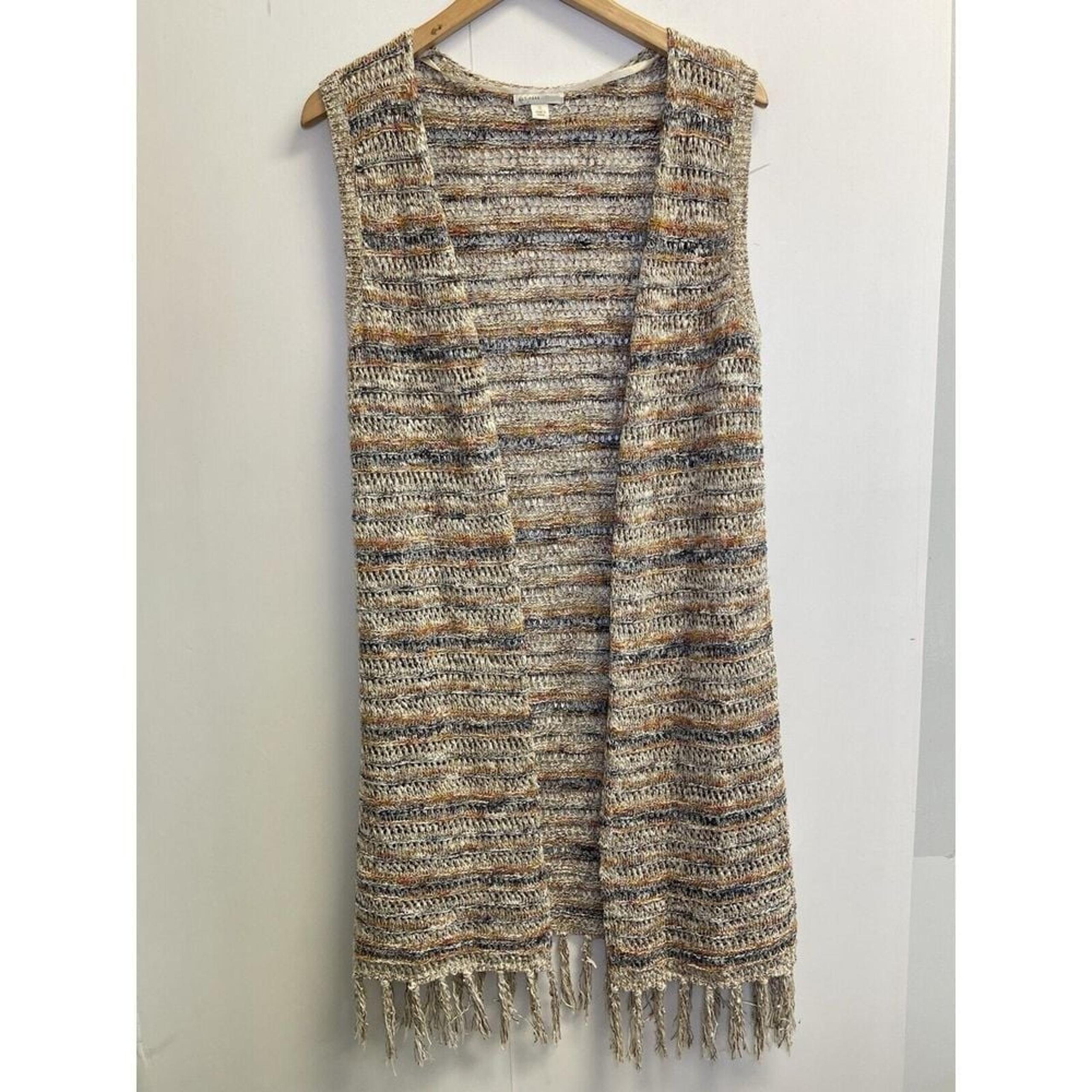 Cato Women's Size S Beige Multi Duster/Cardigan/Vest Open Knit Fringe