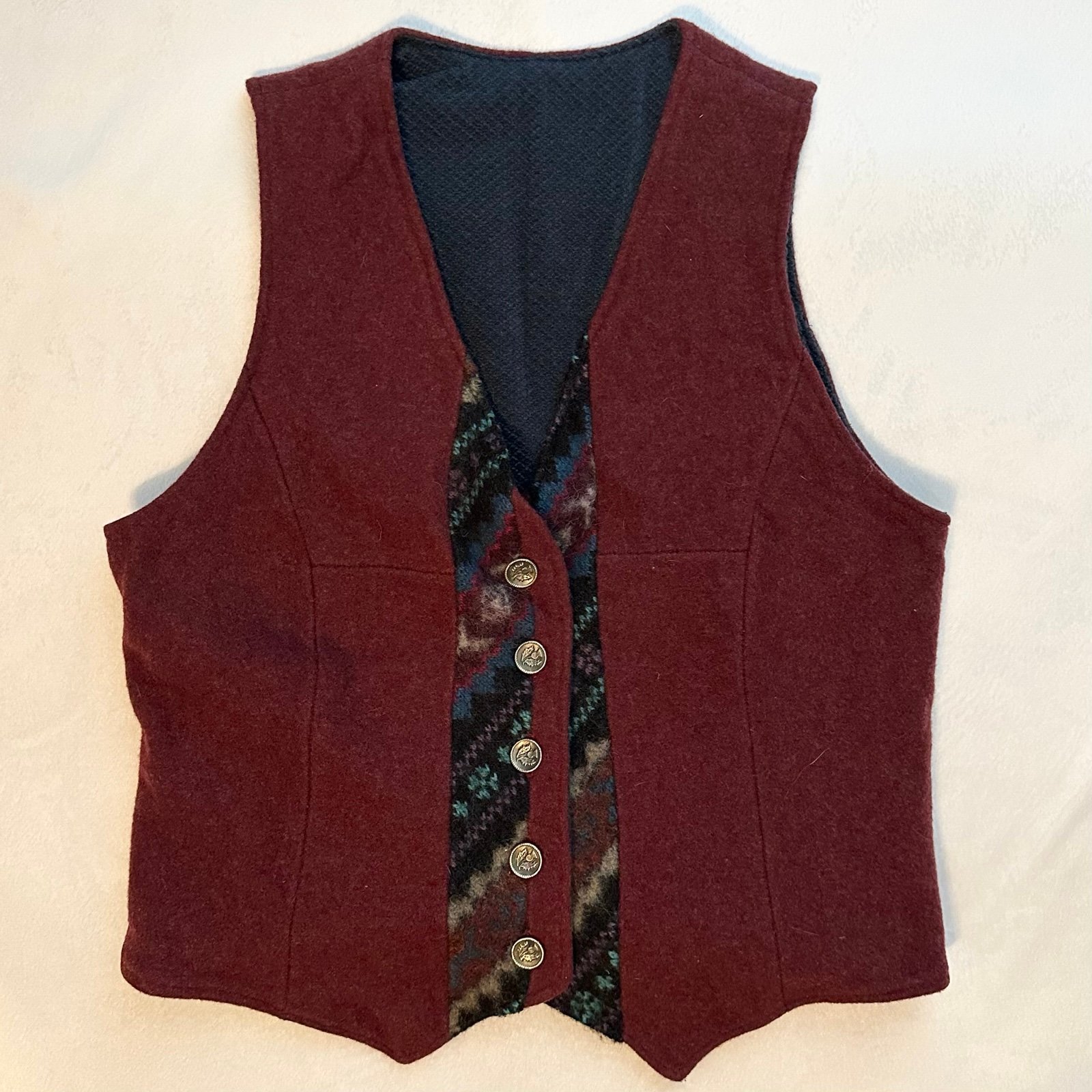 Vintage Handmade OOAK Burgundy and Aztec Print Womens Vest Ornate Buttons S