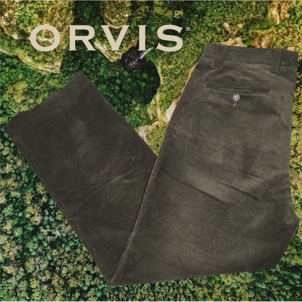 Orvis Men's Brisbane Moss Wide Wale Corduroy Flat Front Pants Olive Brown 34x29