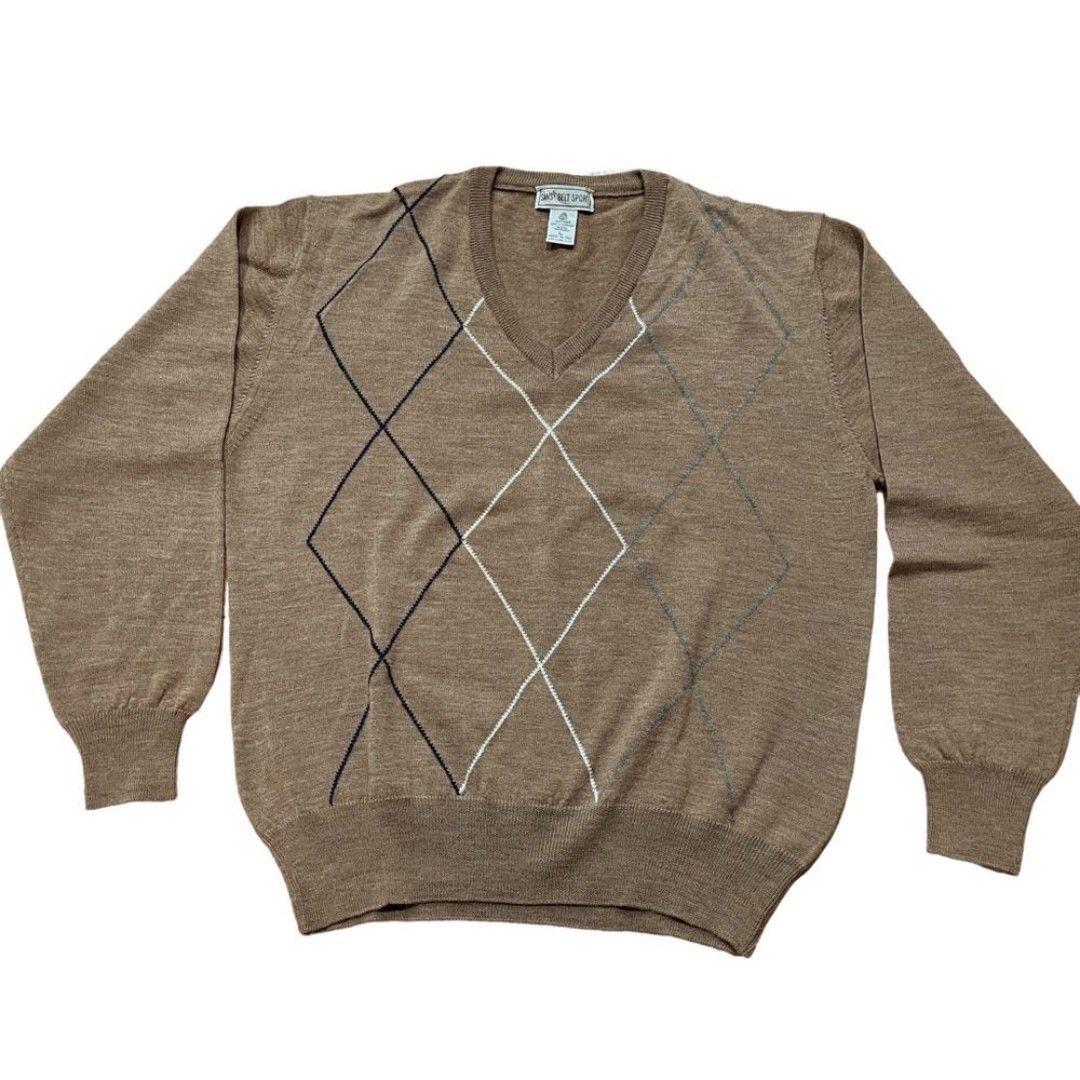 Vintage Sansabelt Merino Wool Argyle Academia V-Neck Sweater Size L Brown ITALY