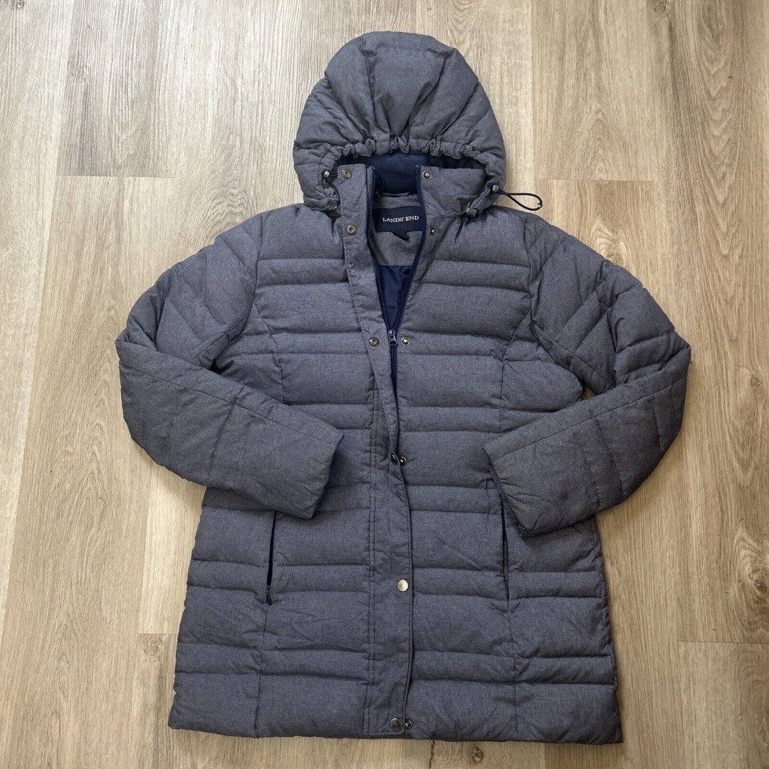 Lands End Womens Medium Gray Puffer Jacket Goose Down Insulated Hooded Coat