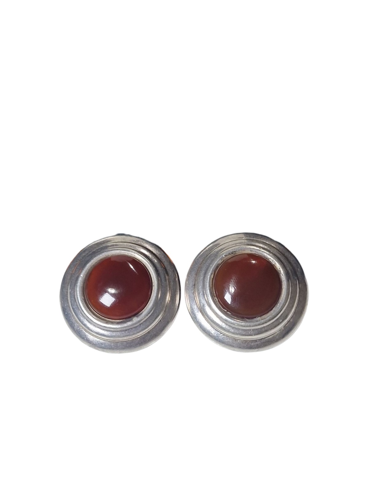 Vtg Sterling Silver Carnelian Agate Chunky Circle Clip-on Earrings 1.25 SIGNED