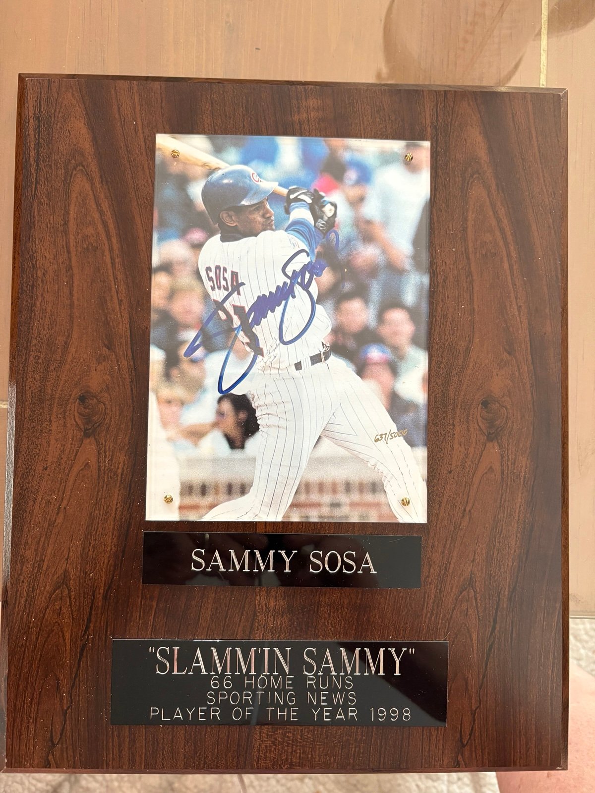 8X10 Sammy Sosa Autographed Plaque COC