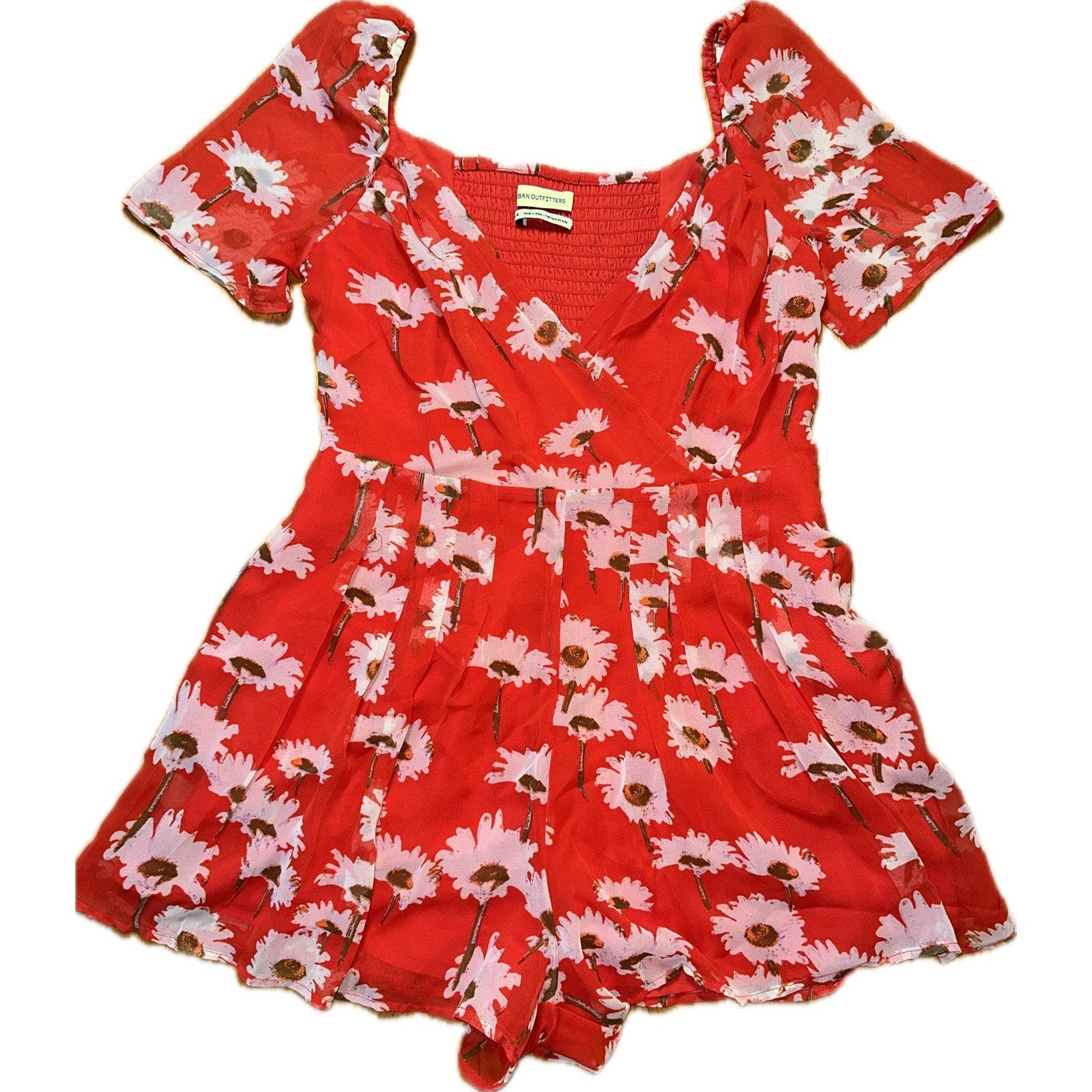 Urban Outfitters Women's Red Floral Chiffon Romper Size M Summer Casual V-Neck