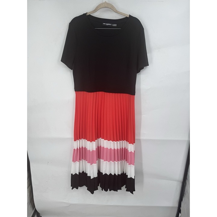 Karl Lagerfeld Colorblock Pleated Midi Dress Women L Black Pink Preppy Mature