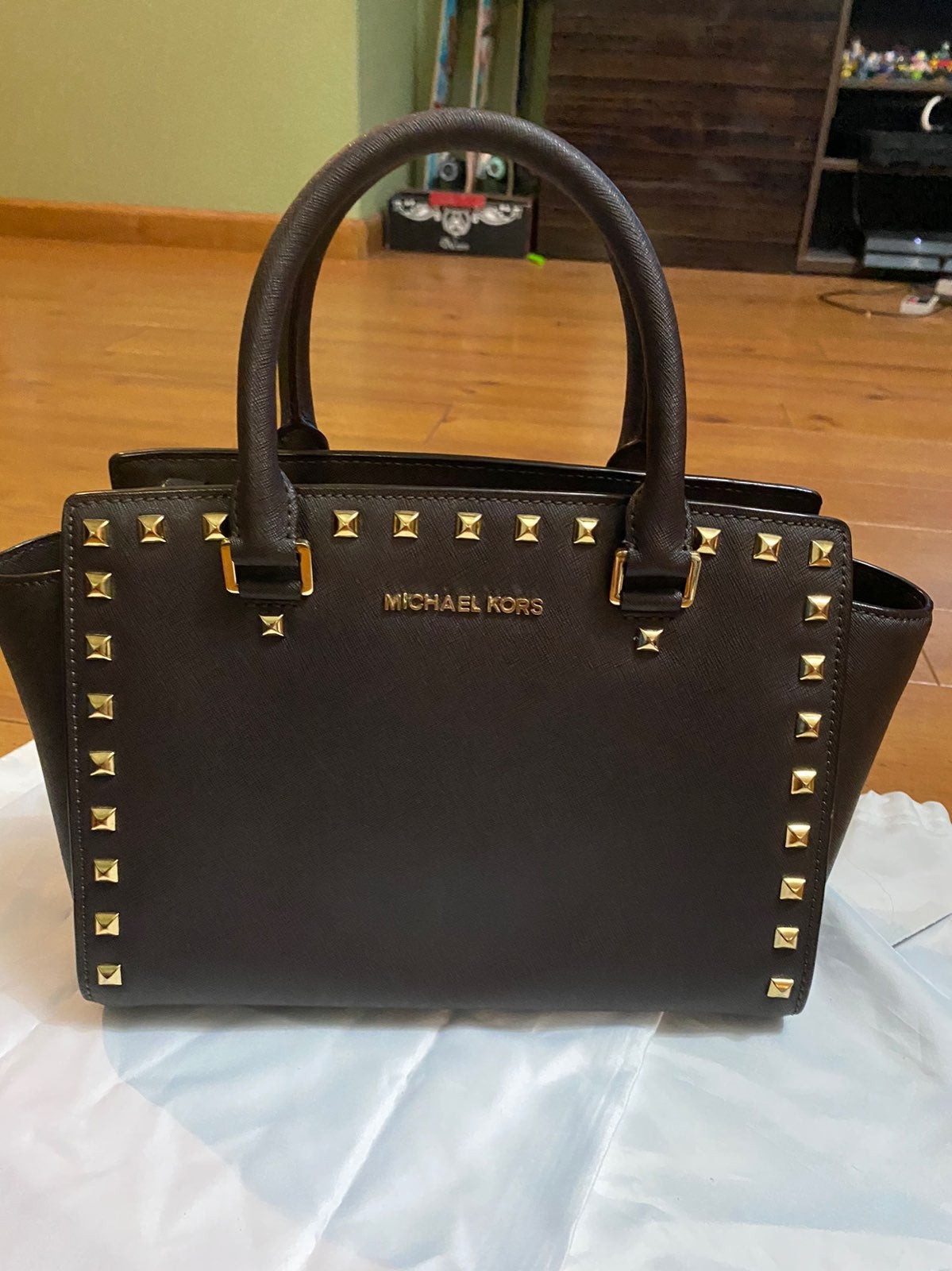 MK Dark Brown Medium Selma Studded Satc