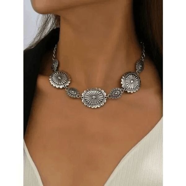 Antique Silver Concho Western Native Pendant Necklace