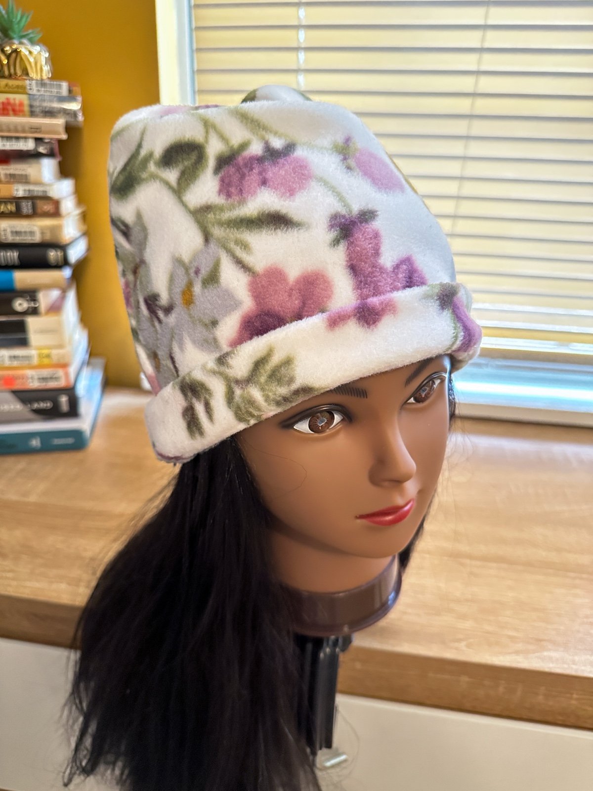Handmade White Pink Green Yellow Floral Fleece Winter Knit Soft Fluff Beanie Hat