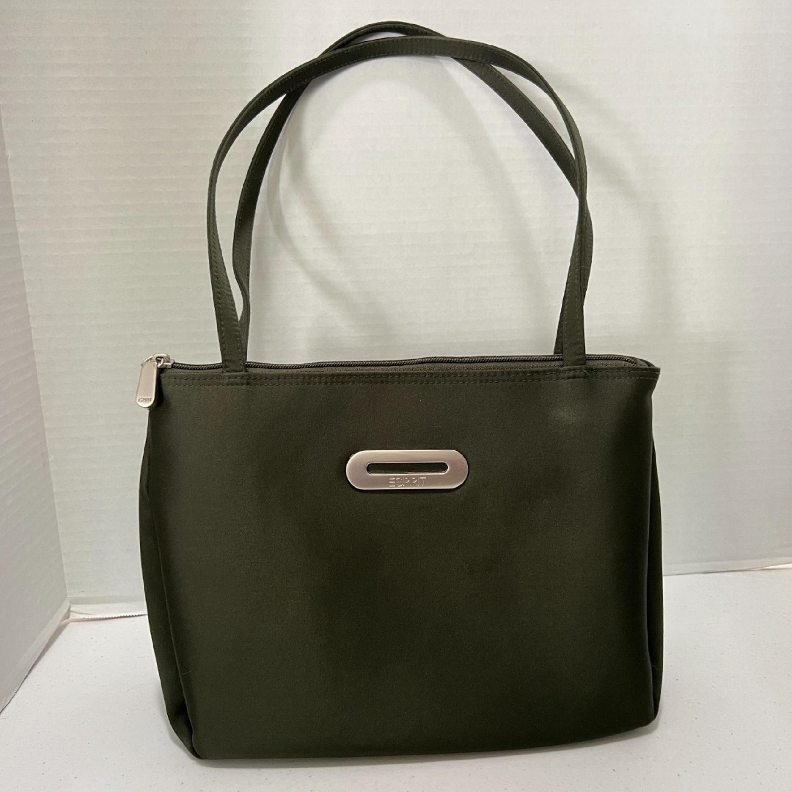 Esprit Vintage Dark Green Satin Fabric Double Strap Shoulder Bag Zip Closure