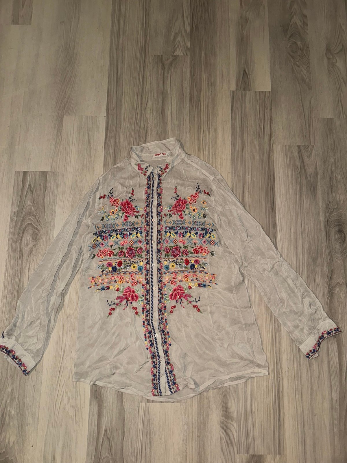Johnny Was Floral Embroidered Button Up Blouse
