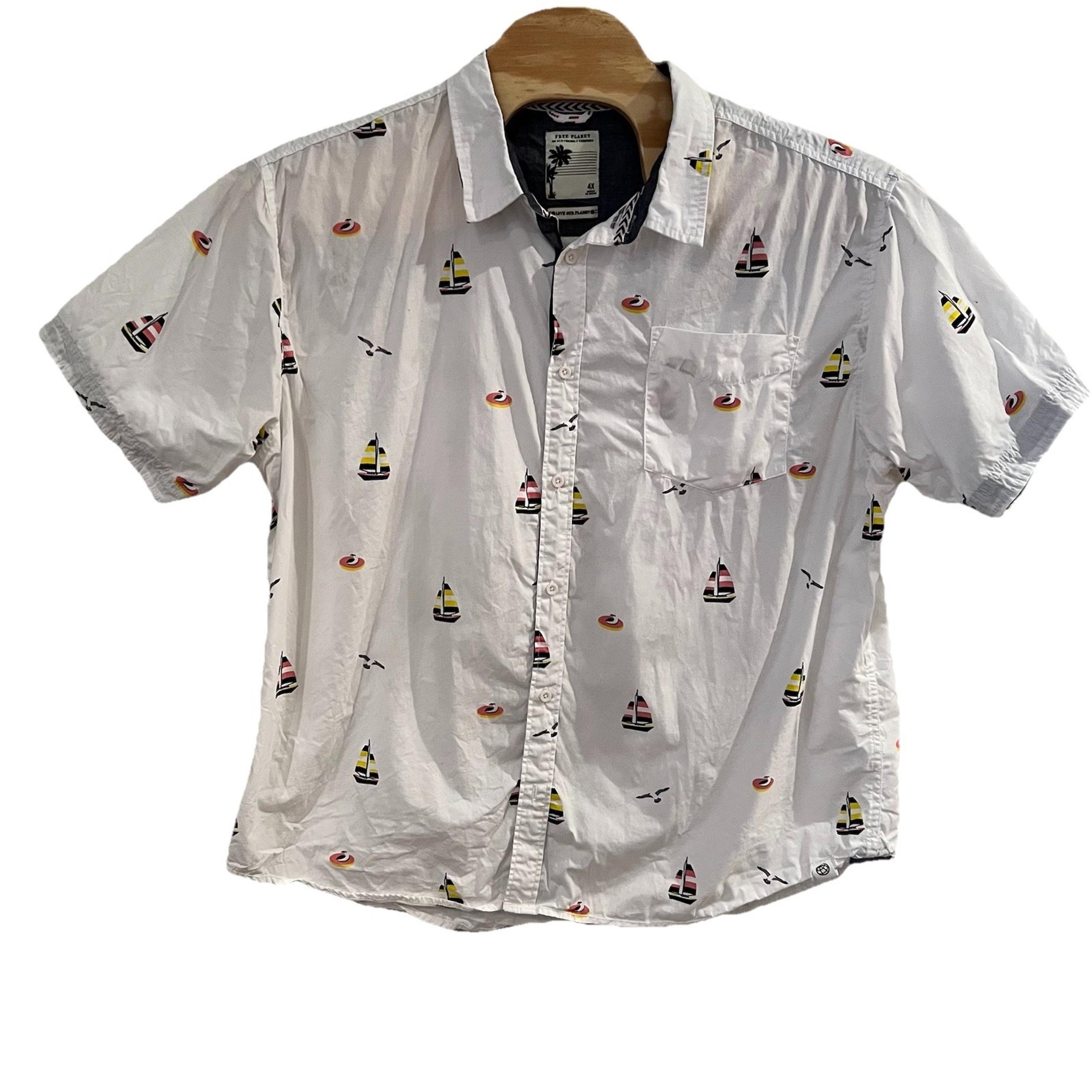 Free Planet Men's 4X Sail Boat Seagull Print Eco Friendly White Shirt Comfort