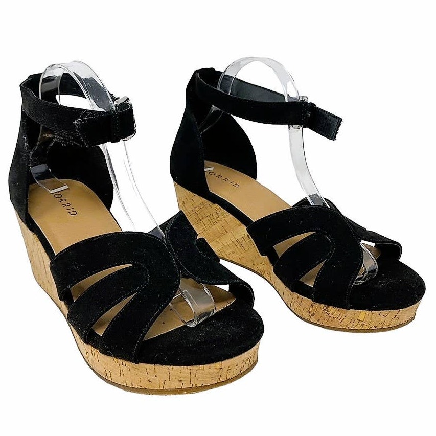 TORRID Black Faux Suede Cork Wedge Heels Ankle Strap Shoes ~ Women's Size 9W