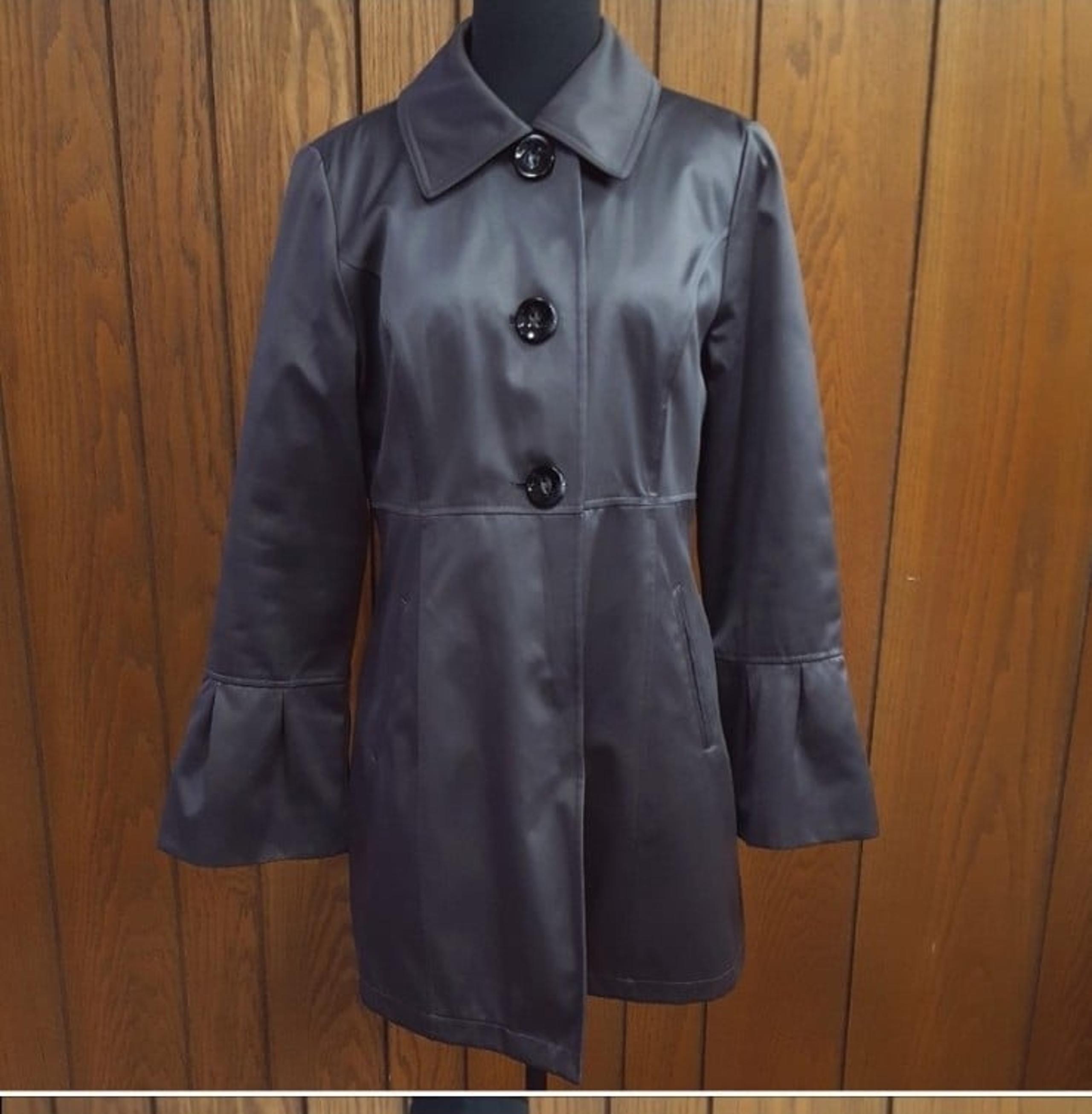 Bebe Gray Satin Trench Coat with Bell Sleeves