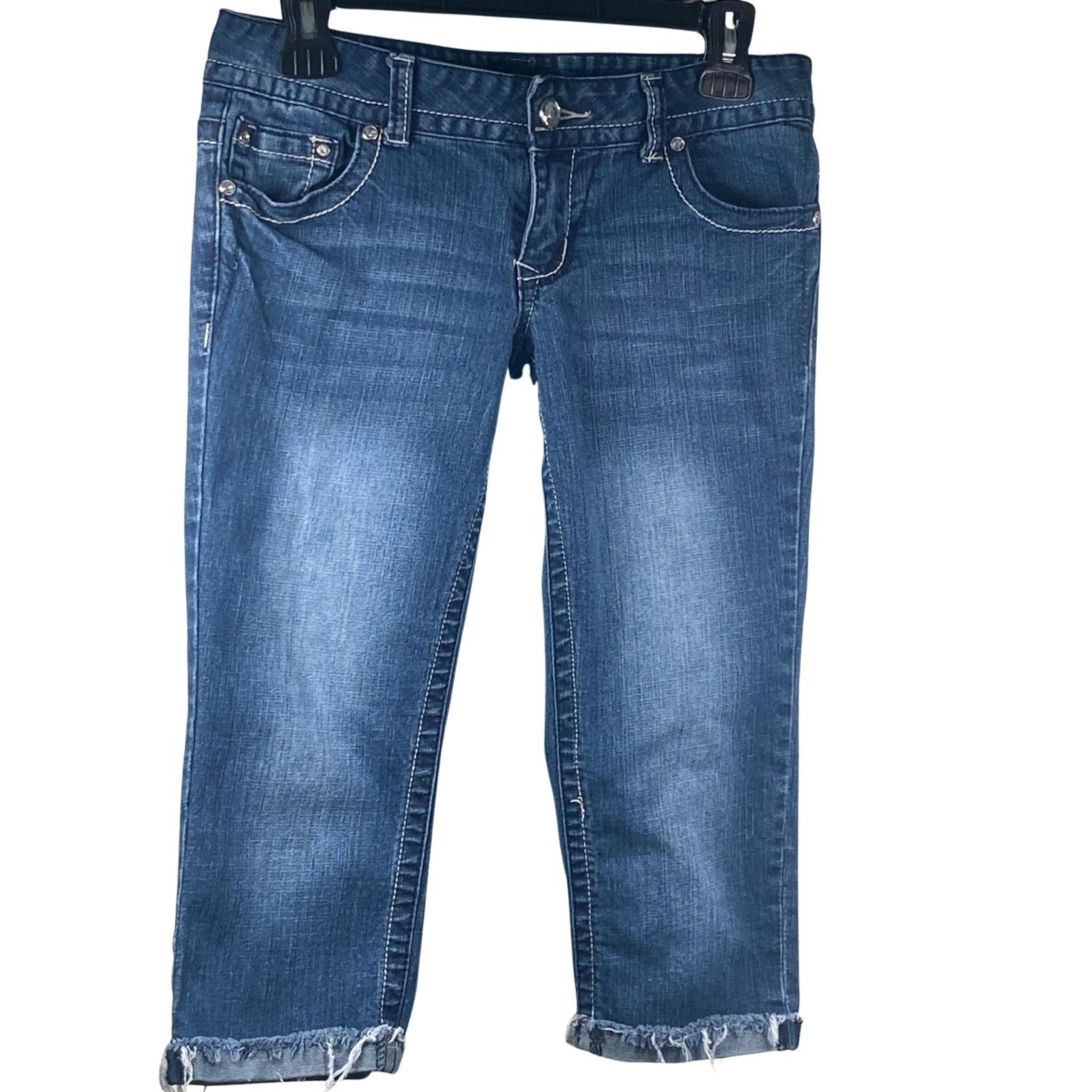 Rue 21 Jeans Women's Size 5/6 Capri Cuffed Blue Dark Wash Stretch Embroidered