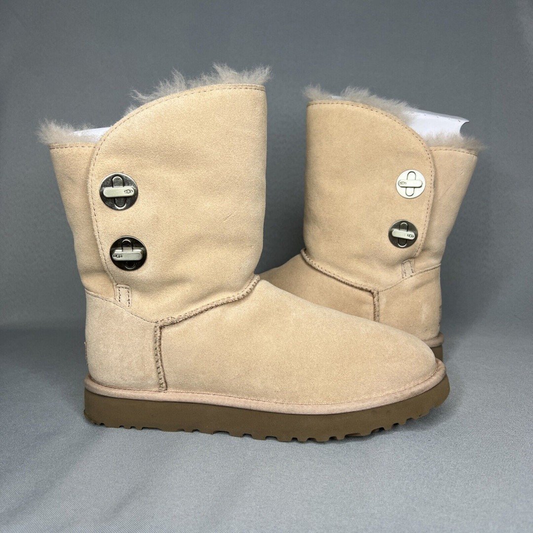 Womens UGG Boots Sz 8 Turn Lock Suede Wool Pinkish Tan Blush Amber #1094933 Boho