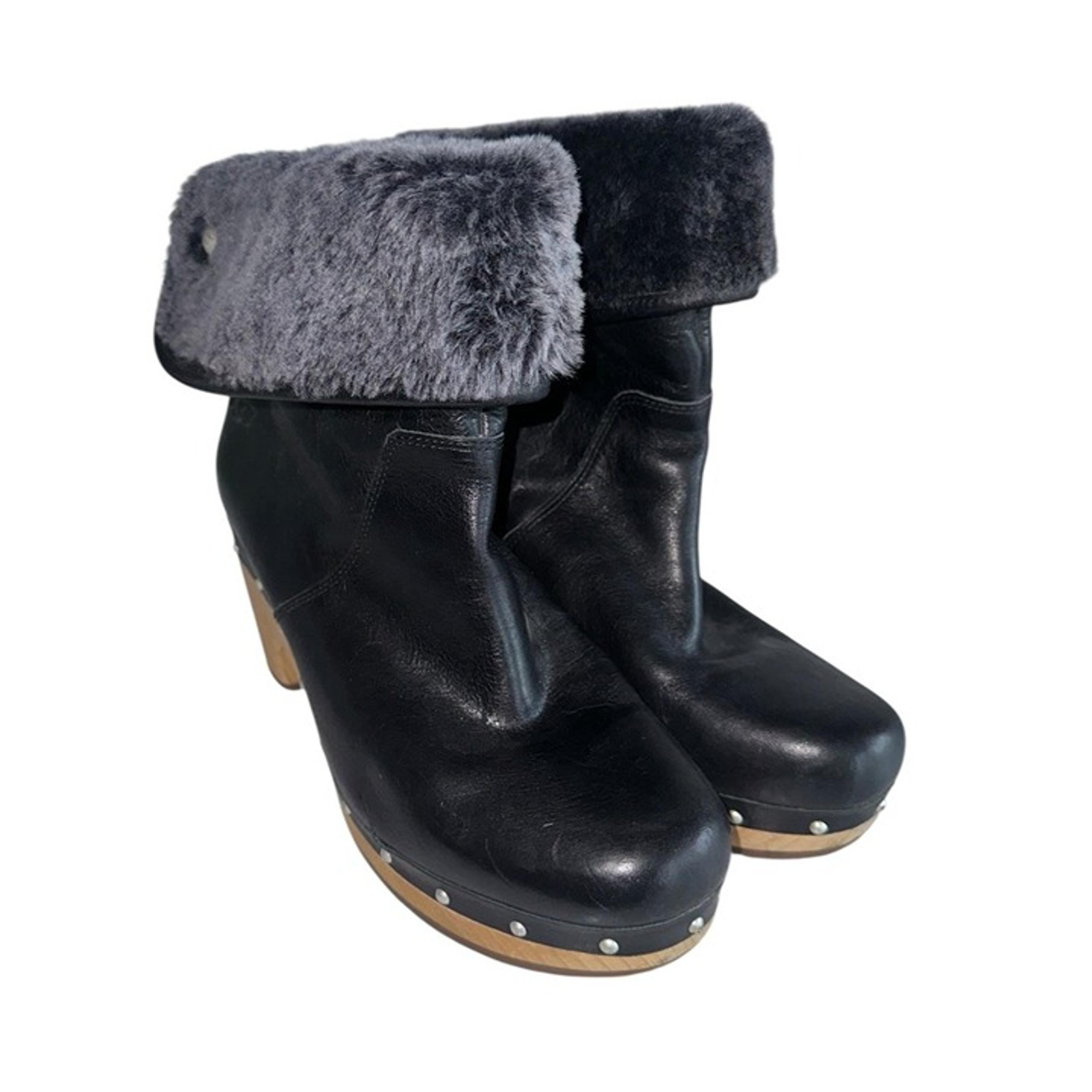 UGG Lynnea Australian Shearling Lined Heeled Boot Black Leather Womens 8