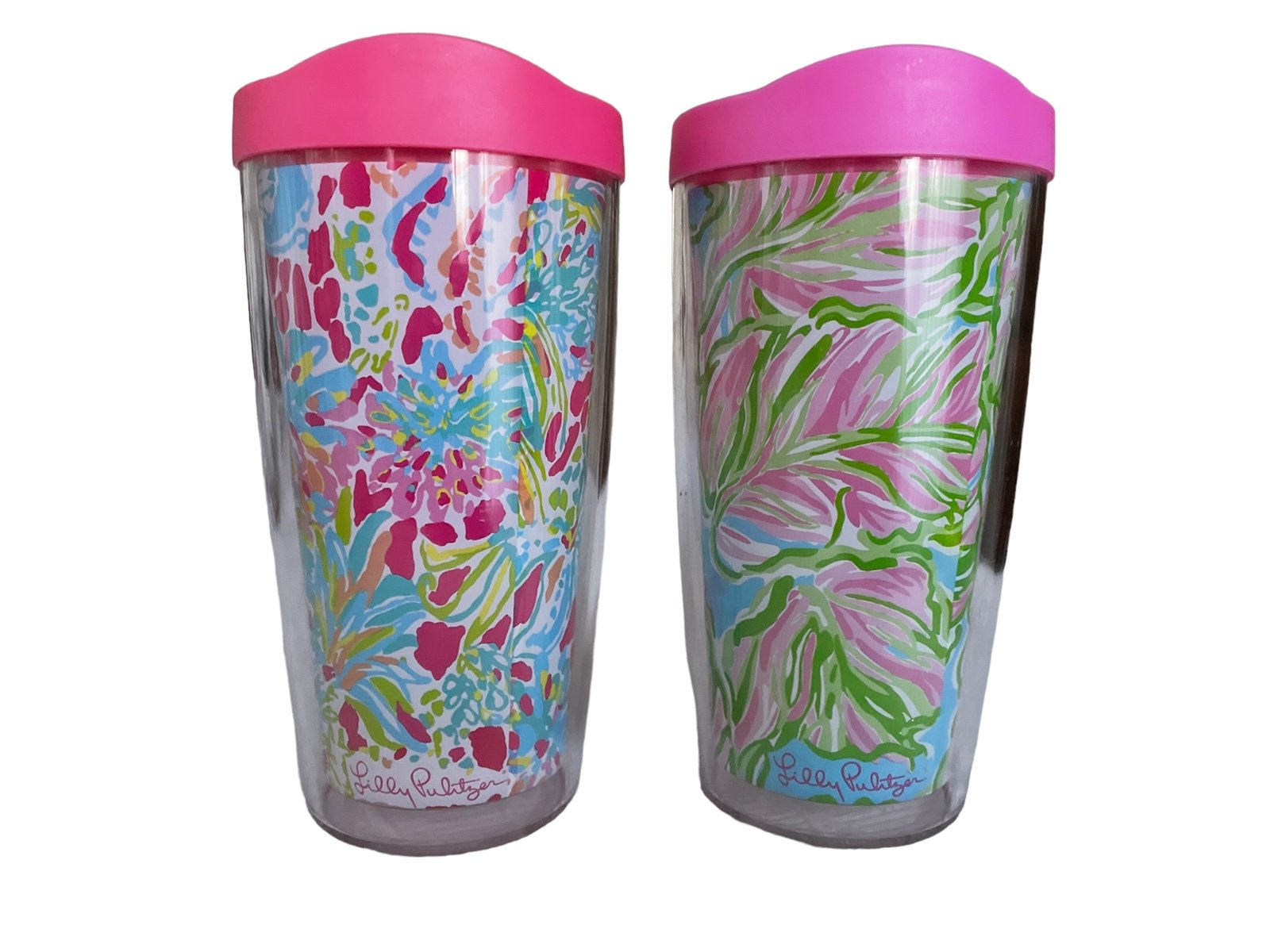 2 Lilly Pulitzer Travel Tumbler Mug Cup Floral Pink Blue Green BPA Free 12oz EUC