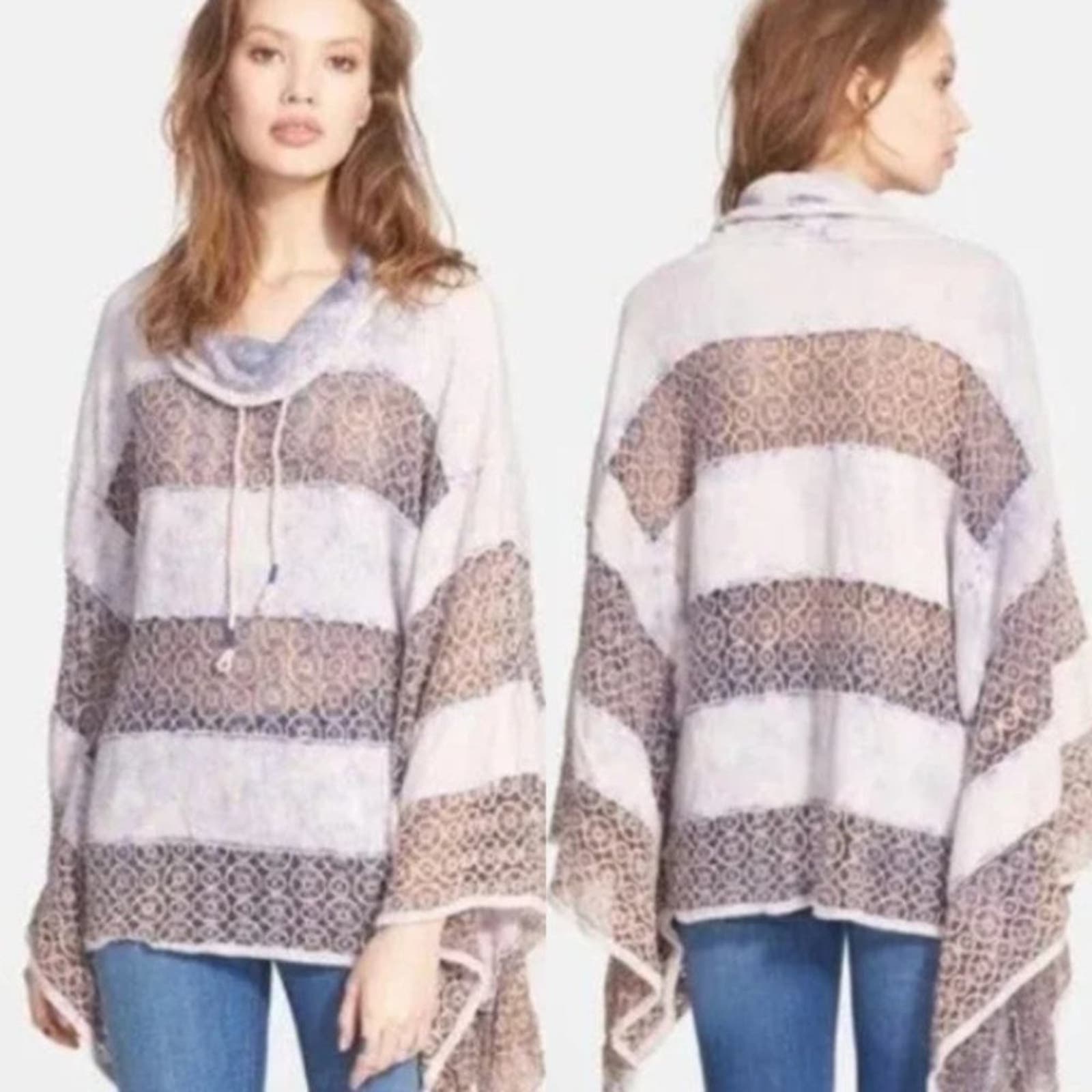 Free People Terry Poncho Geometric Lace Mama Pullover Sweater