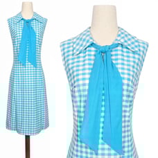 1960s Shift Dress 60s Vintage Mod Sky Blue White Gingham Checkered Small Summer