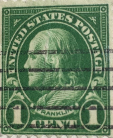 Benjamin Franklin 1 cent Stamp Green - Postmarked rare