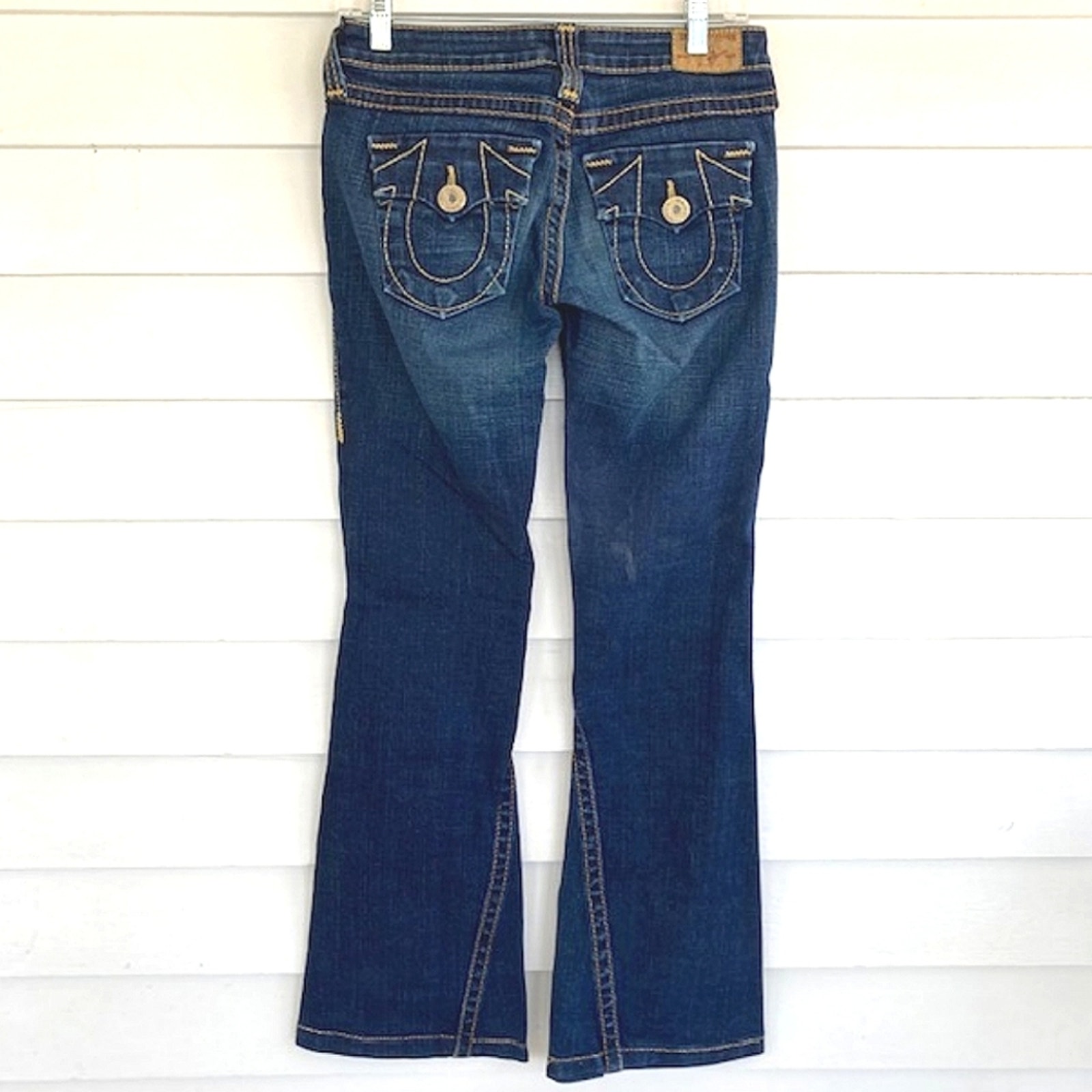 True Religion Flare Leg Low-Rise Dark Wash Denim Embroidered Logo Pocket Jean 27