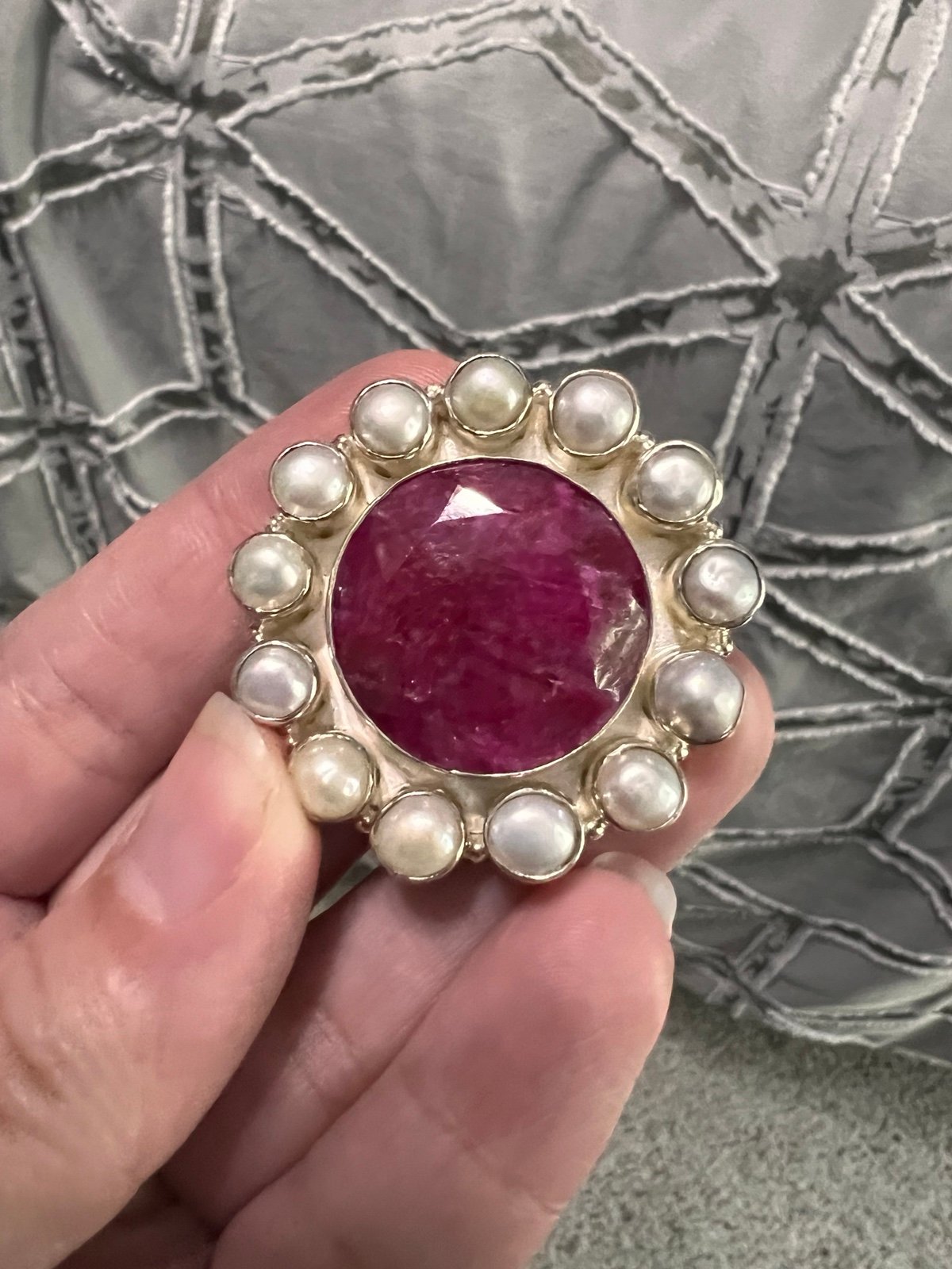 Gorgeous Sterling silver faceted sapphire quartz and pearl cluster ring