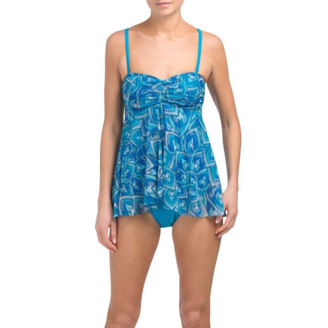 NWT GOTTEX 8 swimsuit fly away 1 piece bandeau blue feather design tummy control