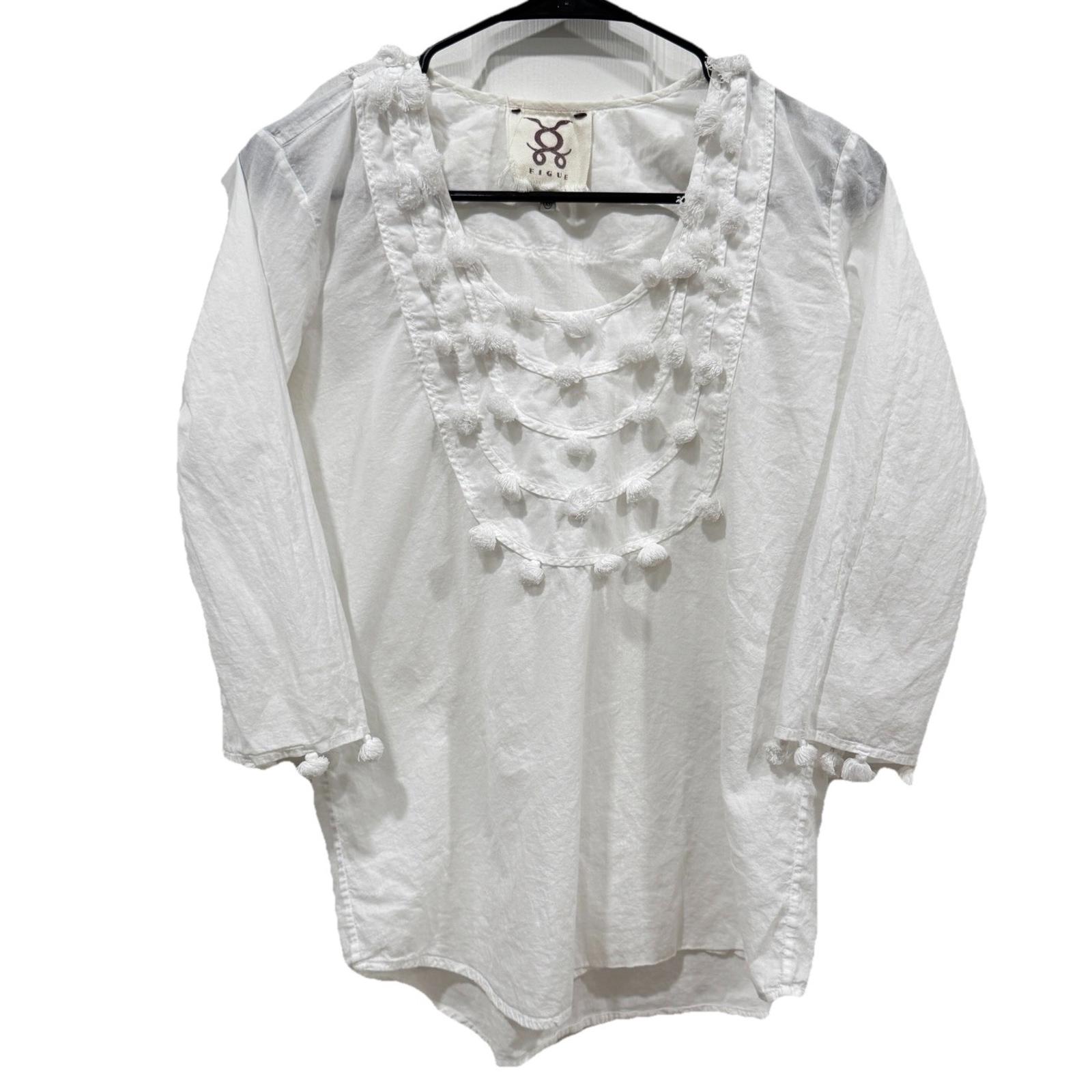 Figue White Pom Pom Cotton Blouse Top Womens Size Xsmall Xs Boho Spring Light