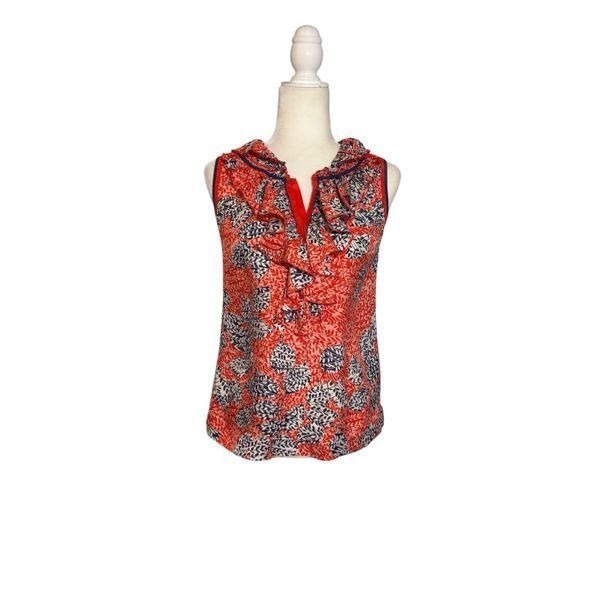 Tory Burch sleeveless, floral, ruffled neck blouse - 0