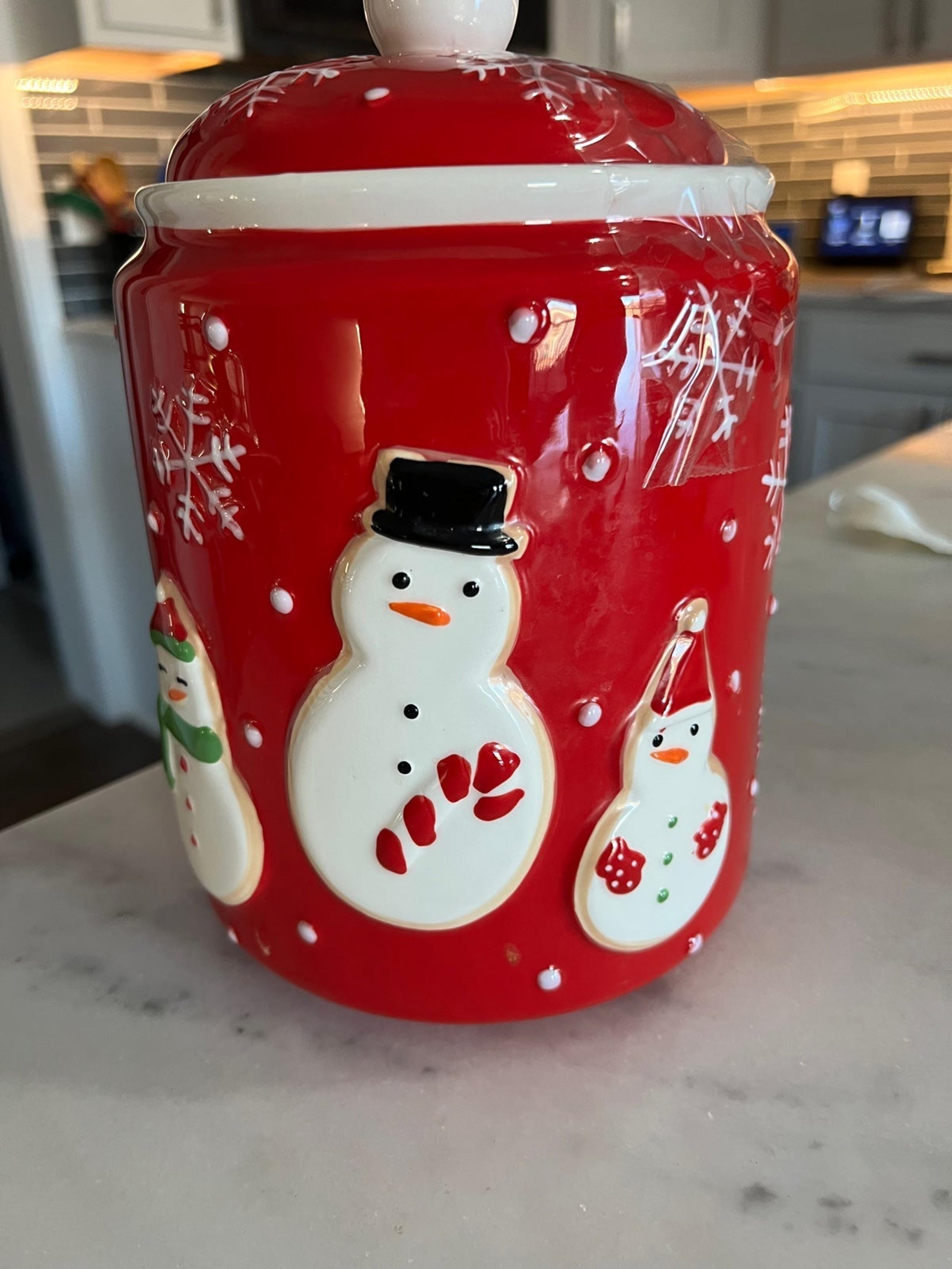 Hallmark Red Ceramic Three Snowman Snowflake Cookie Jar With Lid - 6" x 9" Tall