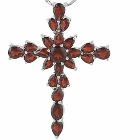 Cross Pendant Necklace Pear & Round Cut Simulated Red Garnet Sterling Silver