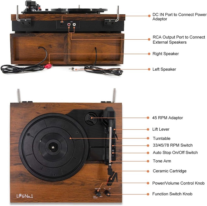 Vinyl Record Player with Stereo External Speakers, 3-Speed Belt-Drive Turntable