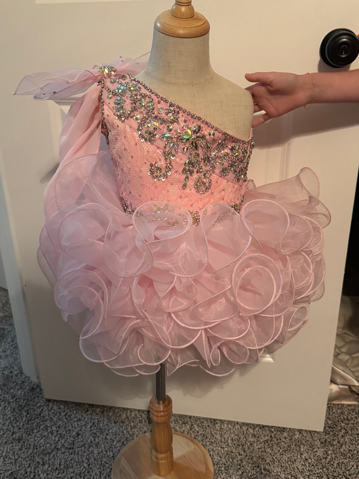 Size 3T (Approx.) | Custom Light Pink One-Shoulder Cupcake Pageant Dress