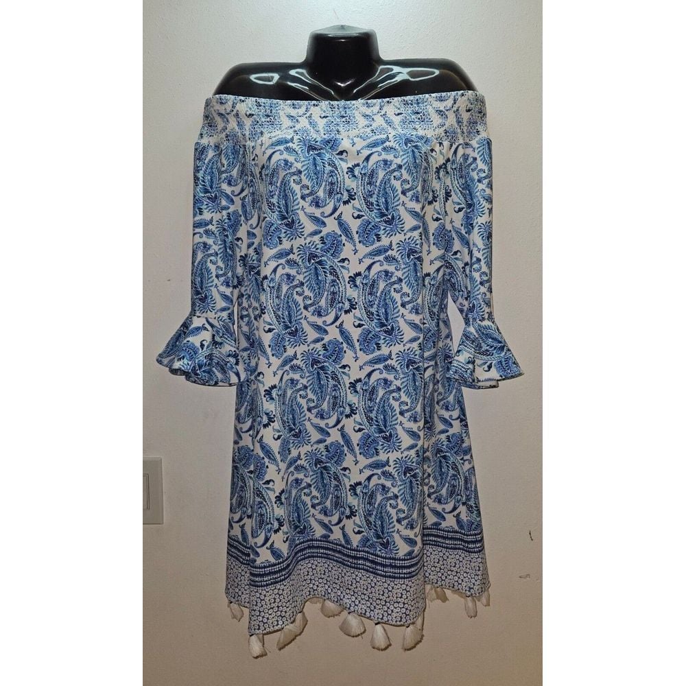 NWT Large CABANA LIFE Charleston Off Shoulder Dress Blue Paisley White Tassel