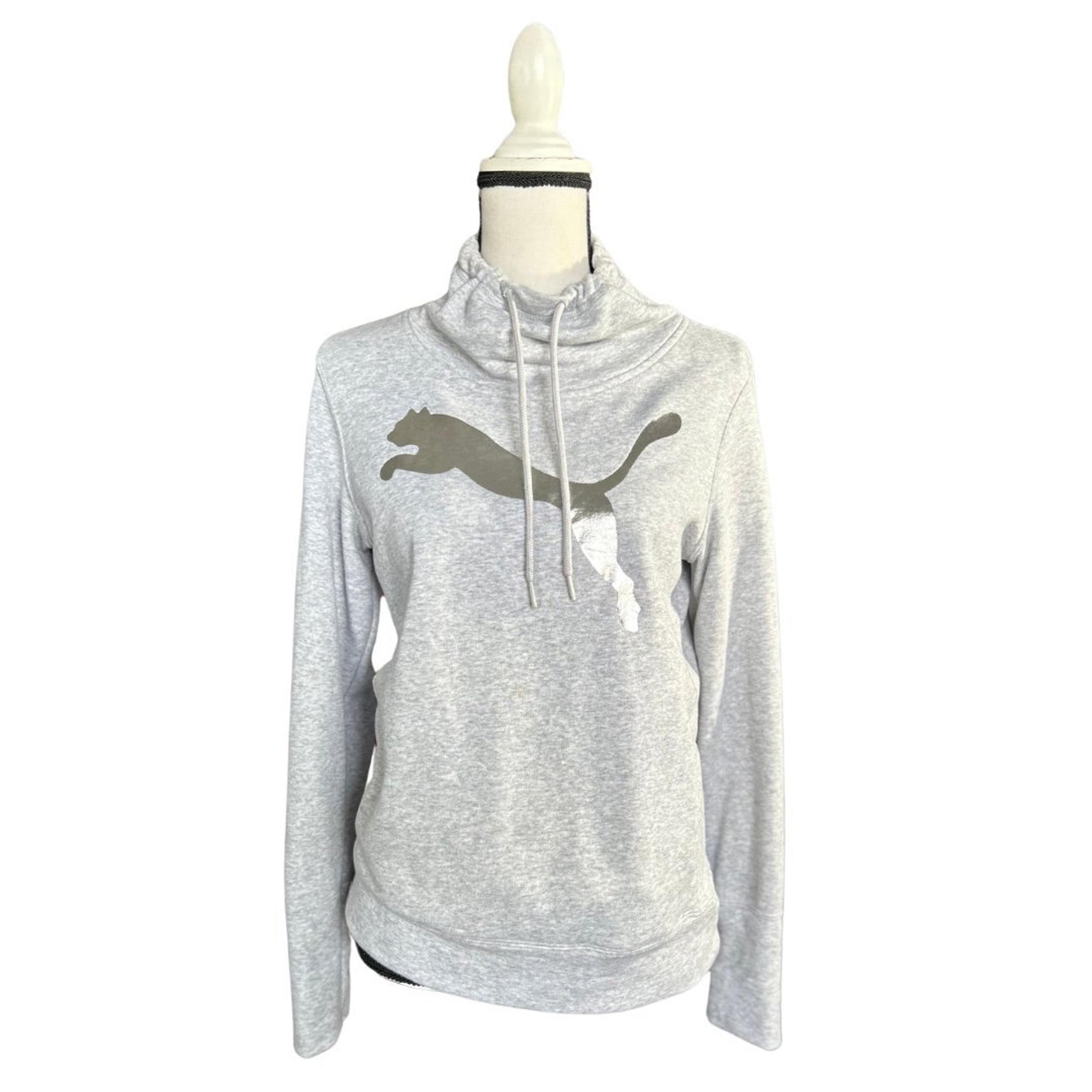 Puma Women’s Graphic Foil Athletic Gray Pullover Funnel Neck Sweater Sweatshirt