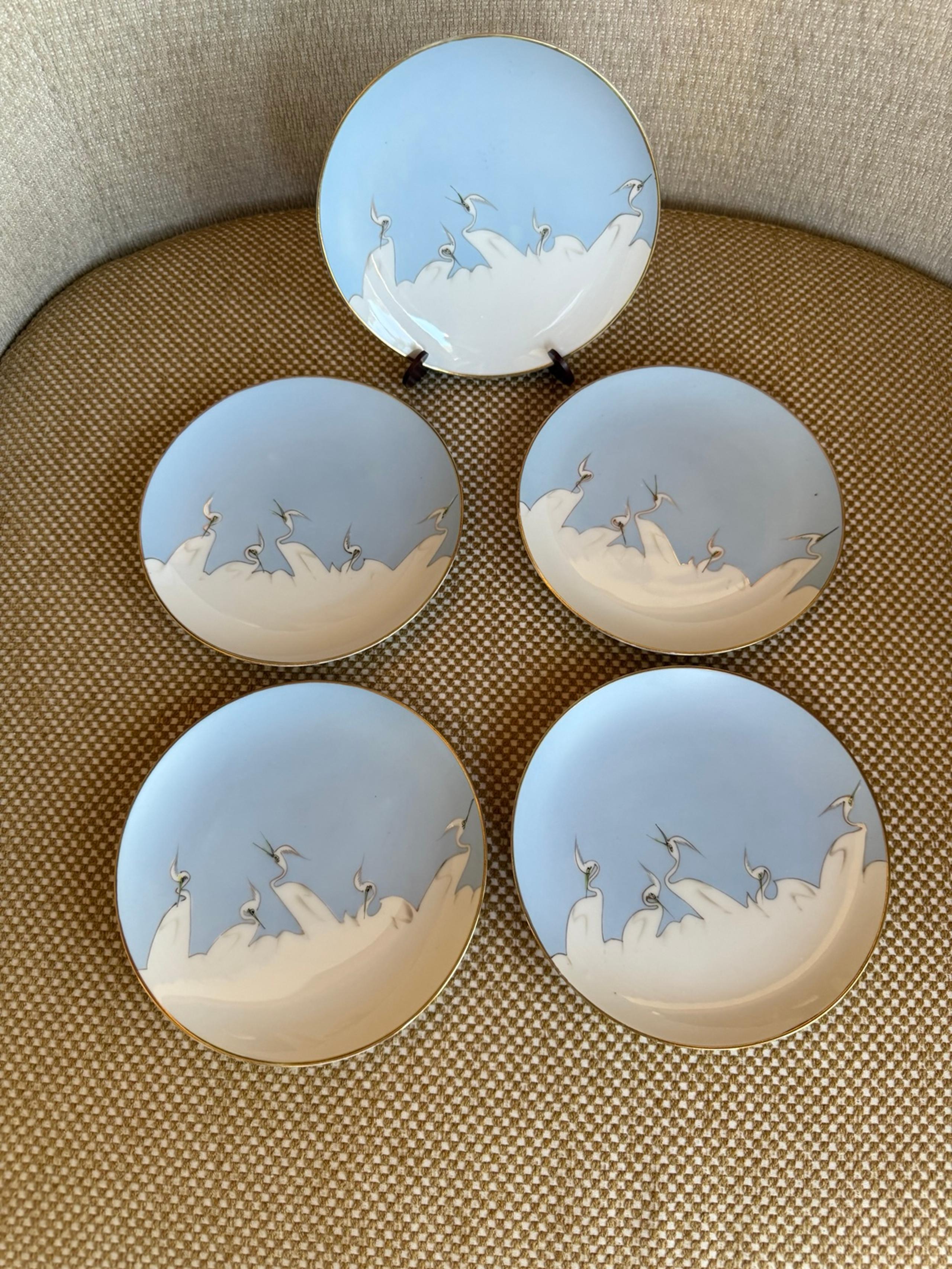 1950s hand painted bone china mitsu-boshi nippon blue and white bread plates 5pc