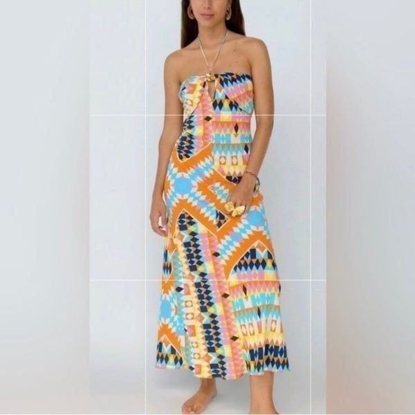 ZARA | NEW Multicolor Geometric Print Halter Neck Maxi Dress Women’s Size XL