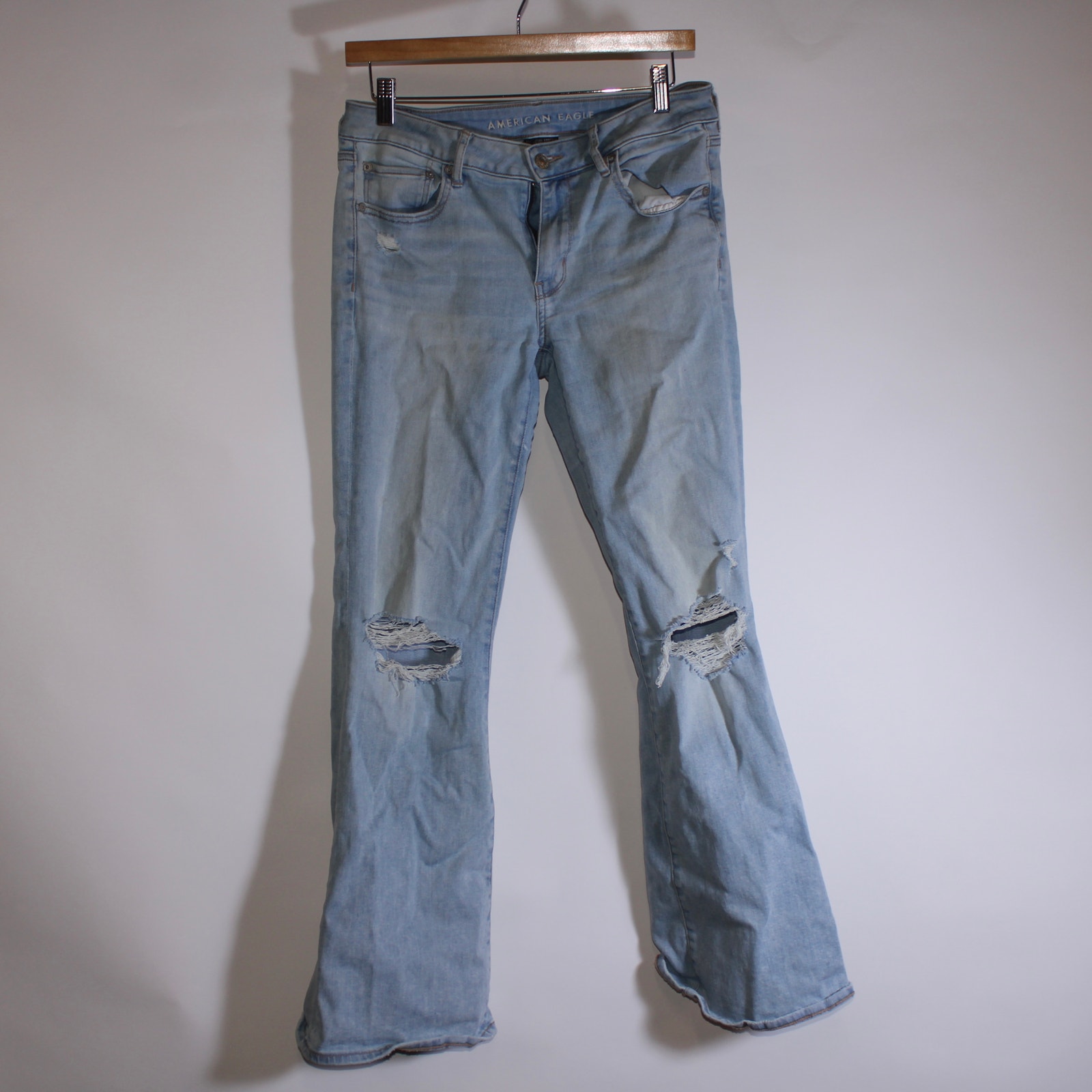 American Eagle Light Blue Next Level Stretch Flare Jeans With Distressing 6