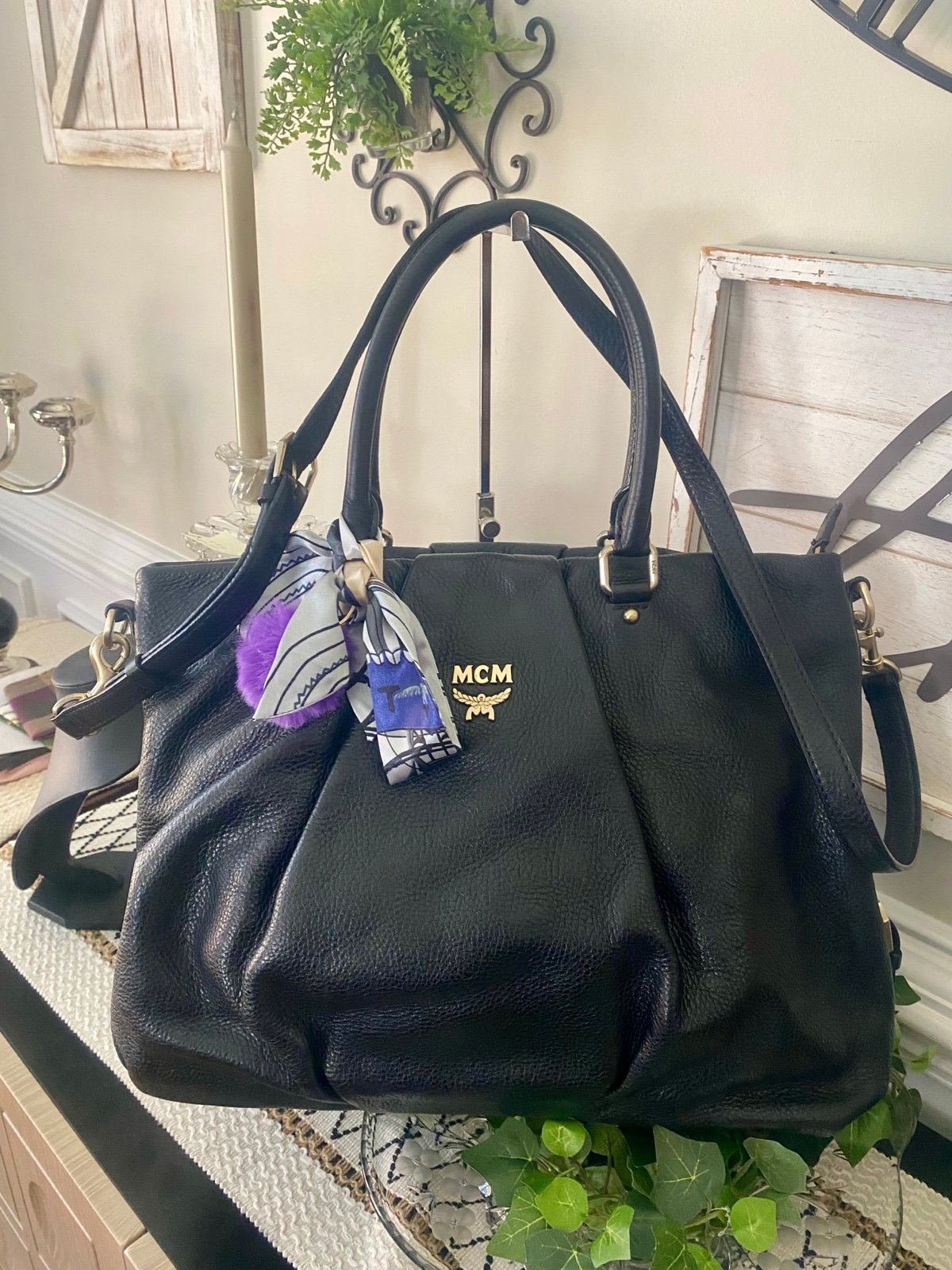 MCM Large Leather Black 2 way Tote w/ Strap/ crossbody