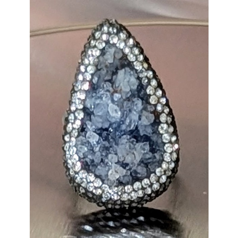 Druzy Marcasite Cubic Zirconia Sterling Split Shank Adjustable Statement Ring