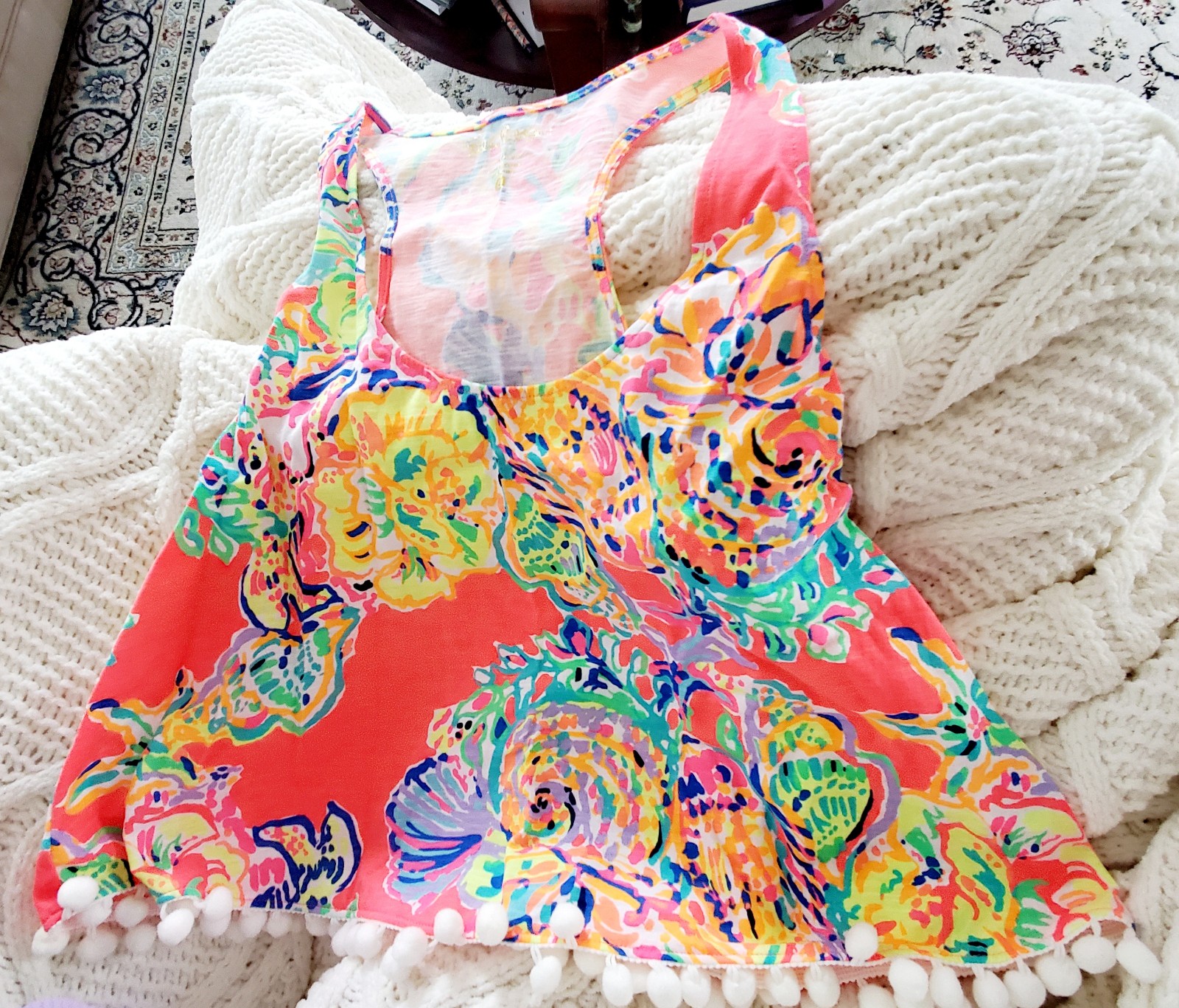 Lilly Pulitzer Shirley Island top tropical print pompom trim brand new Small