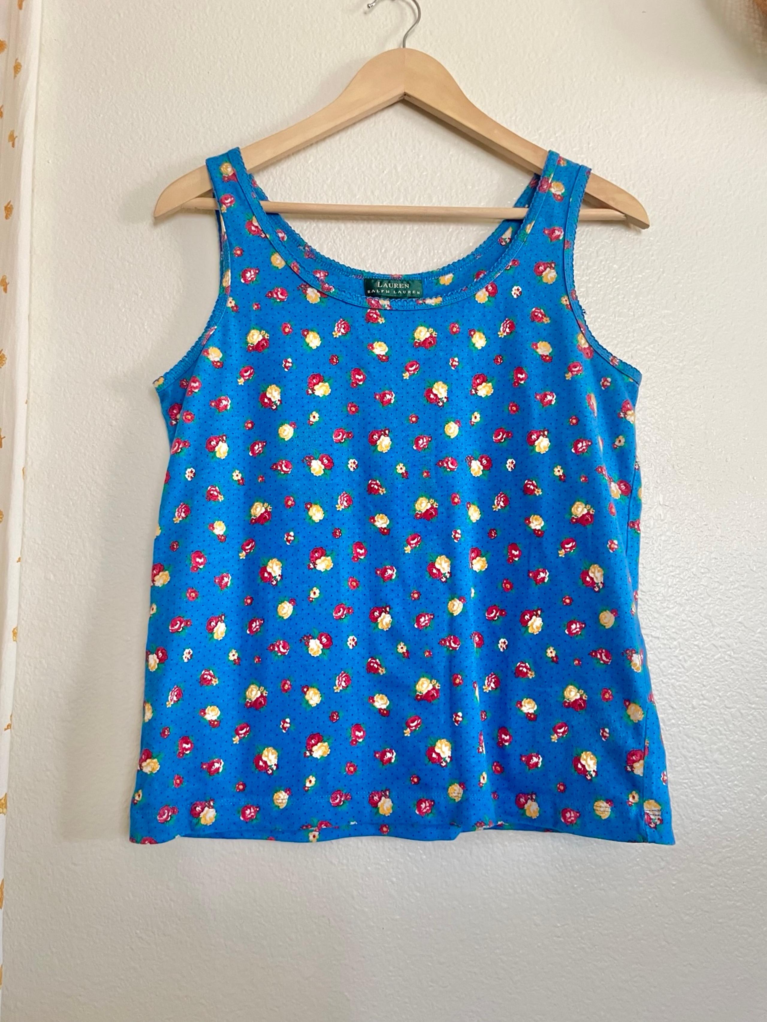 Vintage Ralph Lauren Tank Top Blue Polka Dot Floral Made in USA Women's Medium