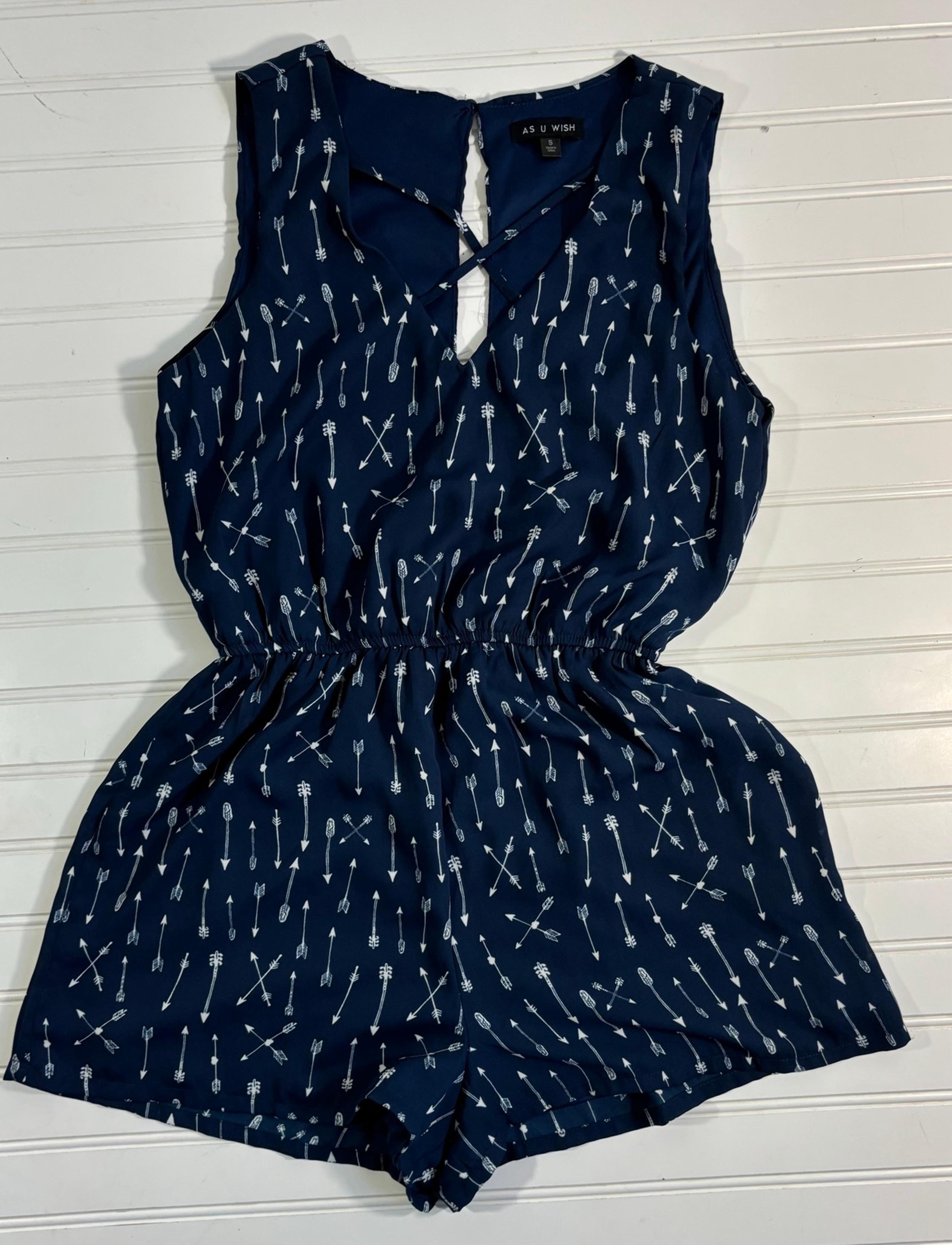 As U Wish Romper Womens Small Blue White Arrows Lined Criss Cross Straps Boho