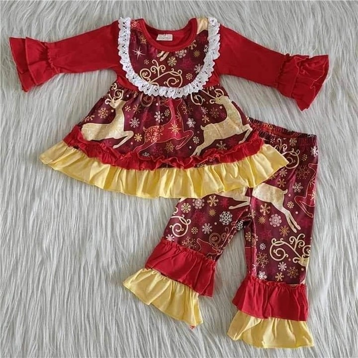 Size 8, Girls Ruffled, 'Prancing with Reindeers' 2 pcs, winter outfit