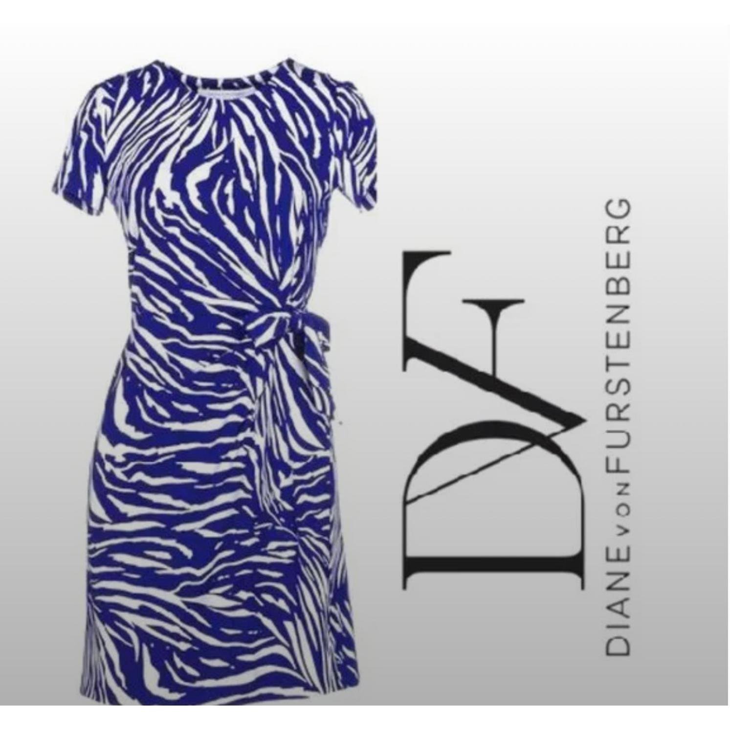 Diane von Furstenberg Midi Dress Julian Two Blue White Tiger Stripe Wrap Sz 8